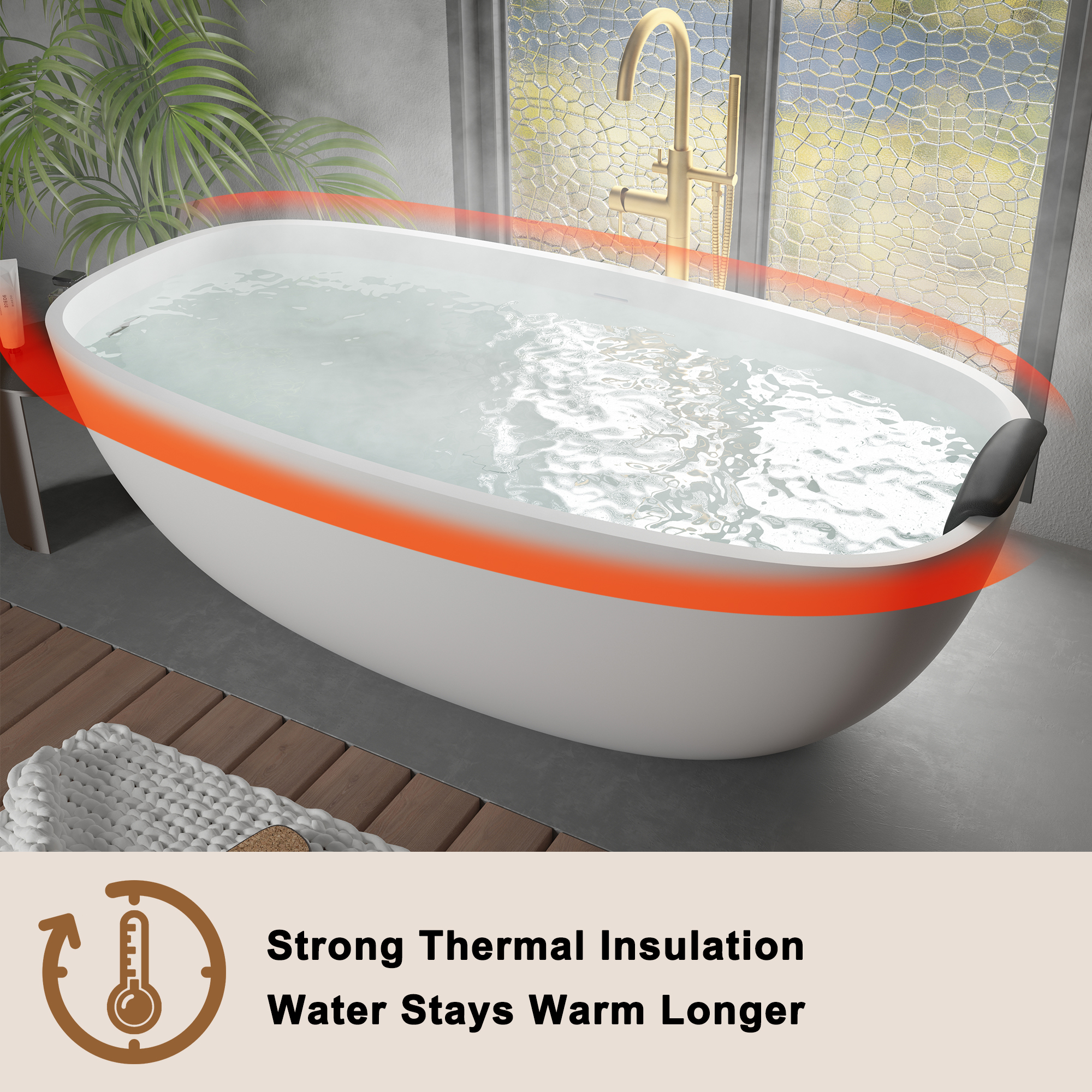 CASAINC 71" Matte White Stone Resin Adult Freestanding Soaking Tub with Cushions