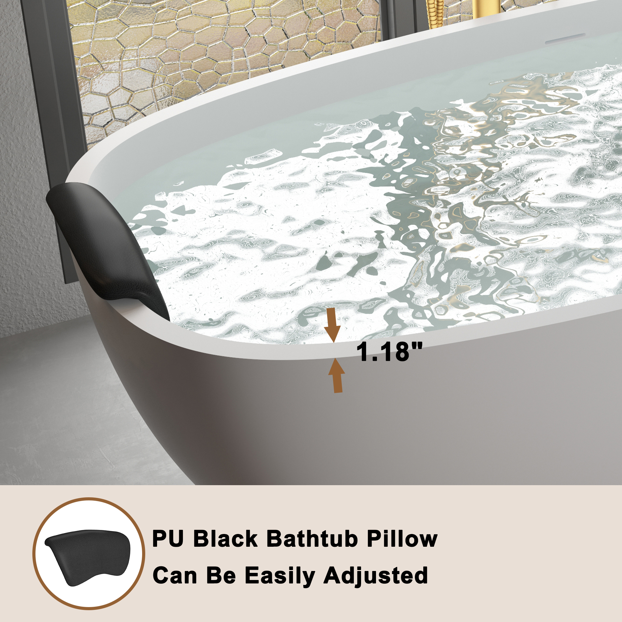 CASAINC 71" Matte White Stone Resin Adult Freestanding Soaking Tub with Cushions