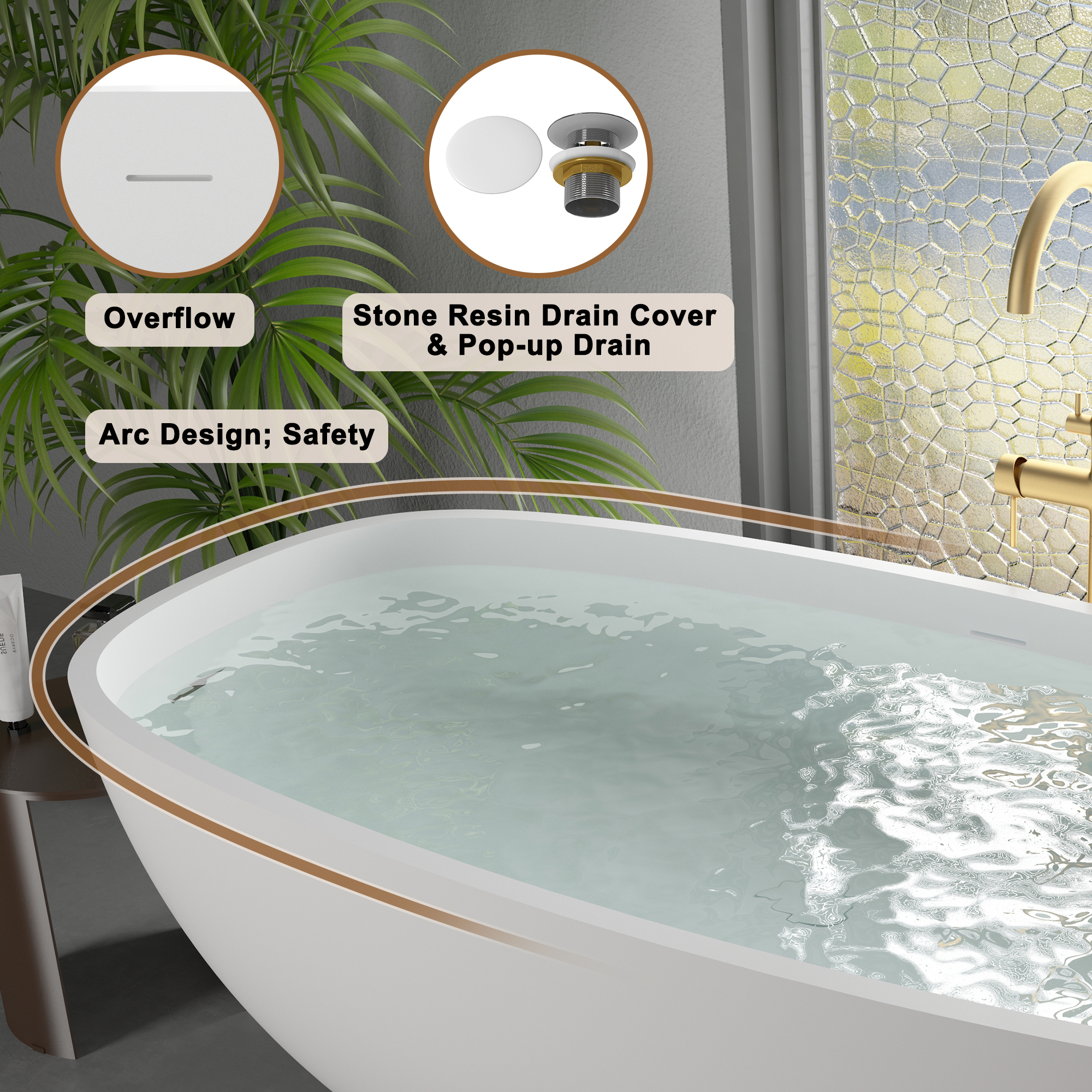 CASAINC 71" Matte White Stone Resin Adult Freestanding Soaking Tub with Cushions