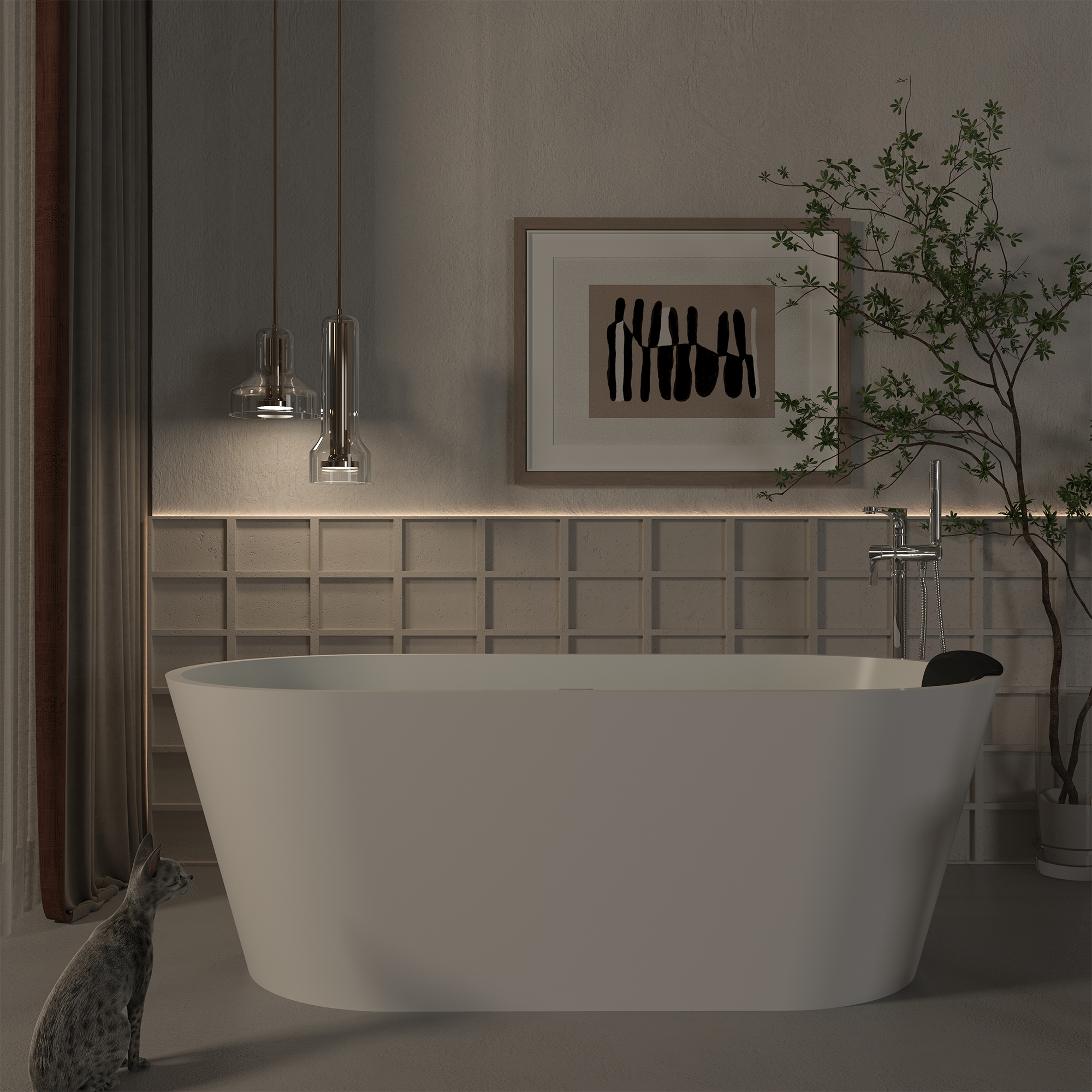 CASAINC 59/67" Matte White Artificial Stone Adult Freestanding Soaking Tub with Cushions