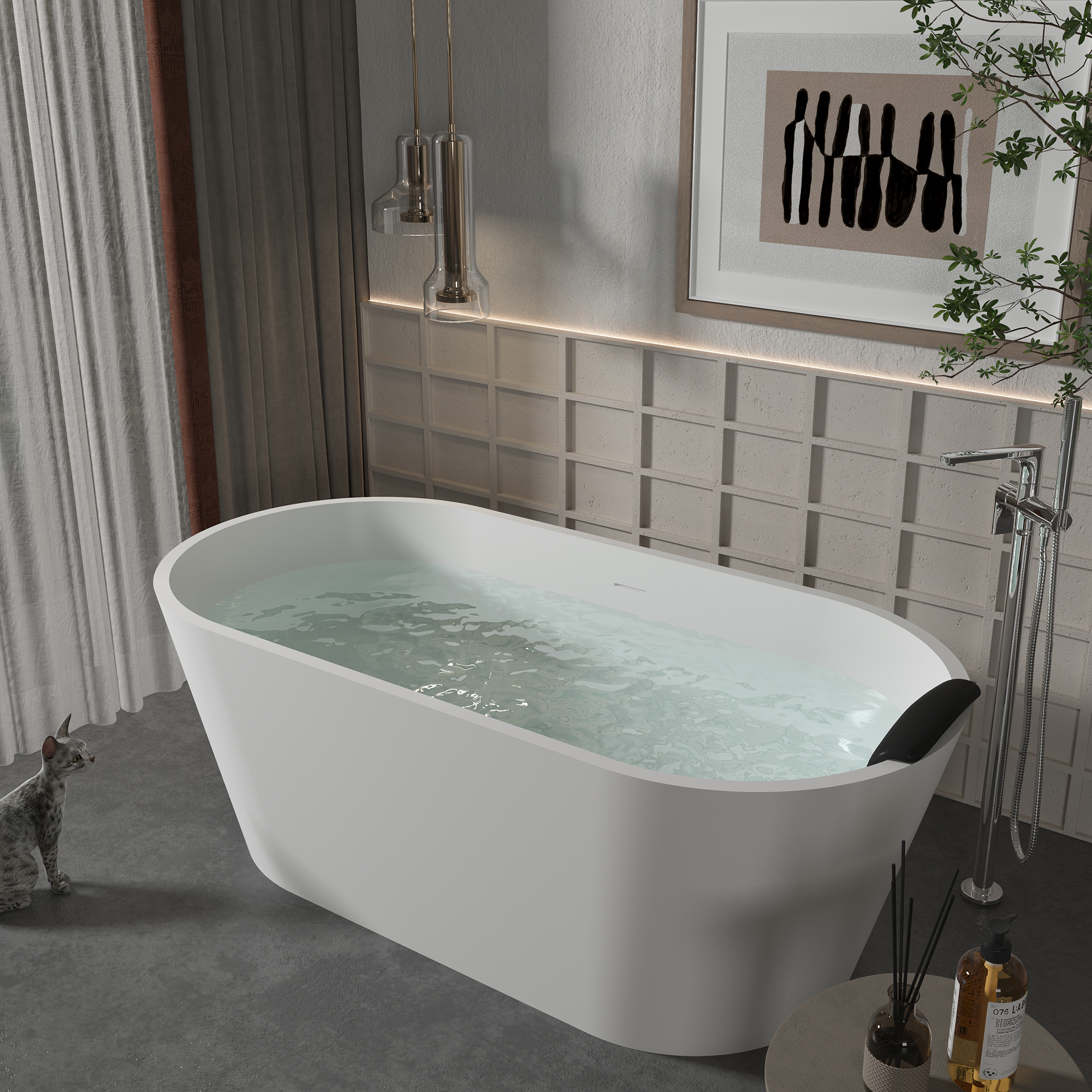 CASAINC 59/67" Matte White Artificial Stone Adult Freestanding Soaking Tub with Cushions