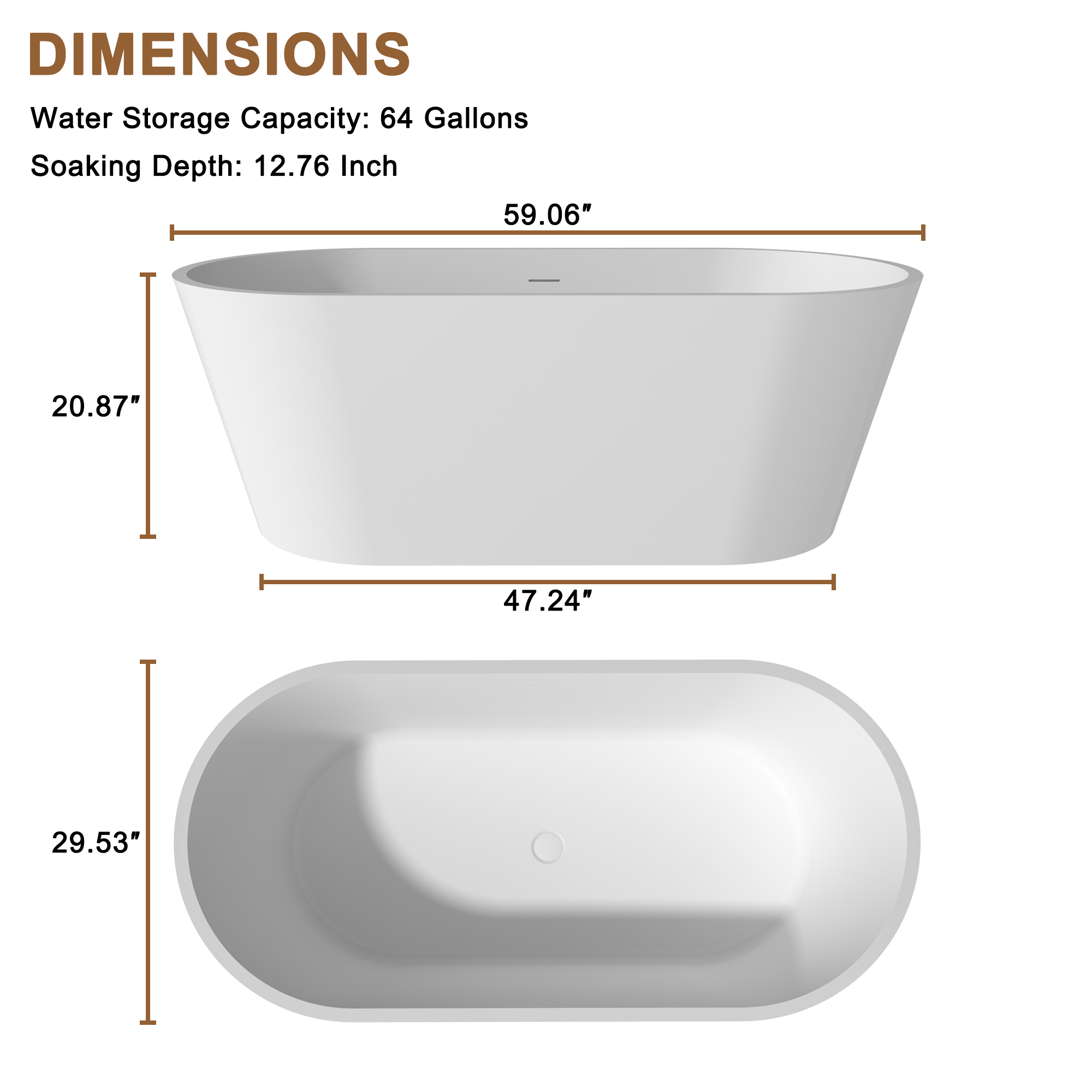 CASAINC 59/67" Matte White Artificial Stone Adult Freestanding Soaking Tub with Cushions