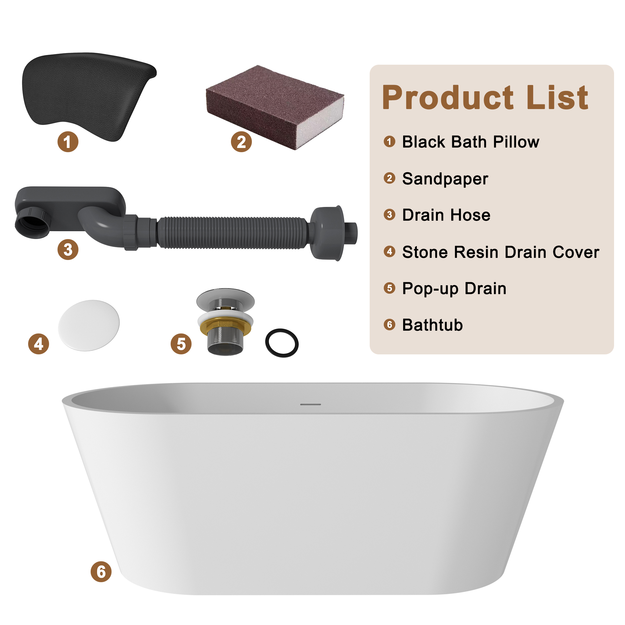 CASAINC 59/67" Matte White Artificial Stone Adult Freestanding Soaking Tub with Cushions