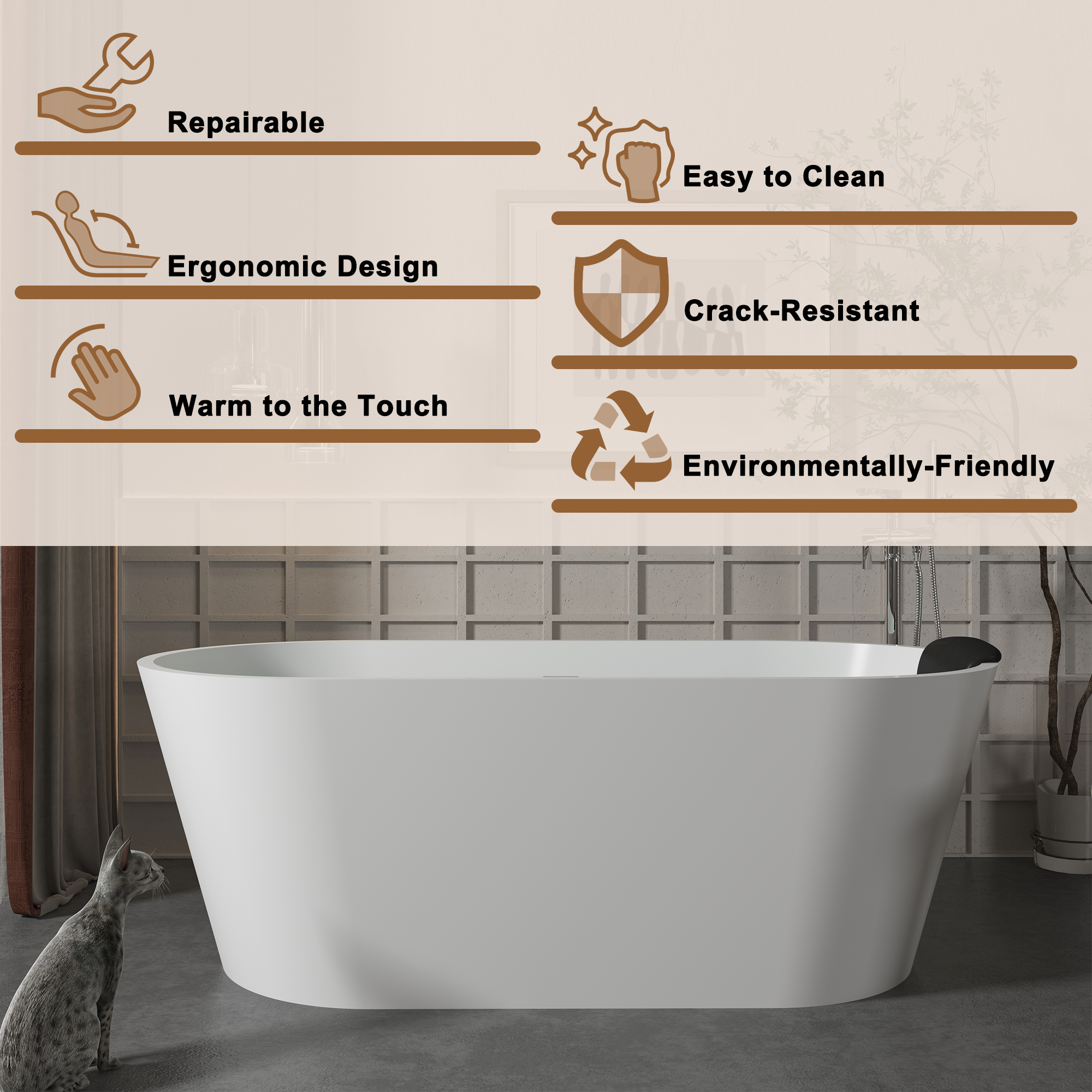 CASAINC 59/67" Matte White Artificial Stone Adult Freestanding Soaking Tub with Cushions