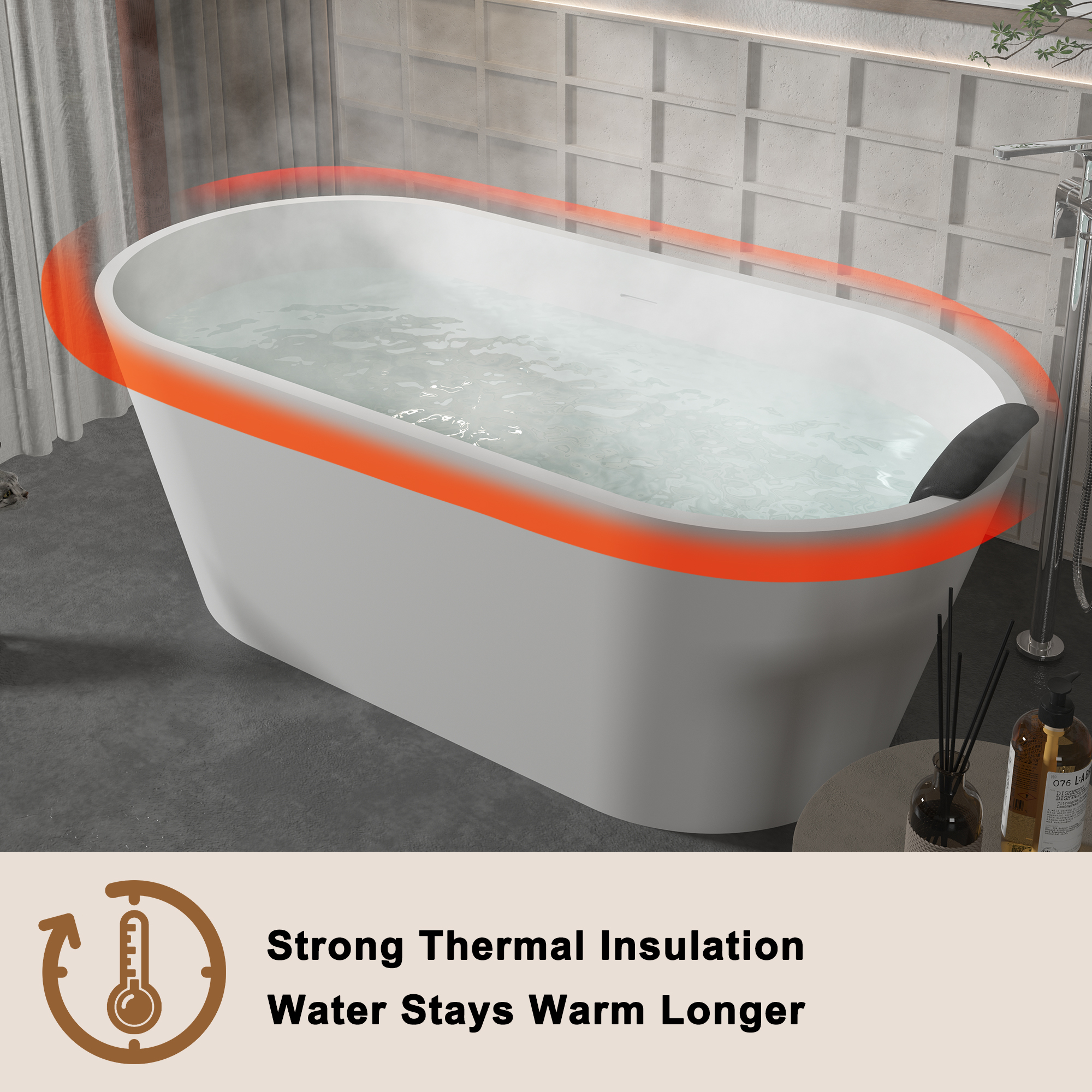 CASAINC 59/67" Matte White Artificial Stone Adult Freestanding Soaking Tub with Cushions