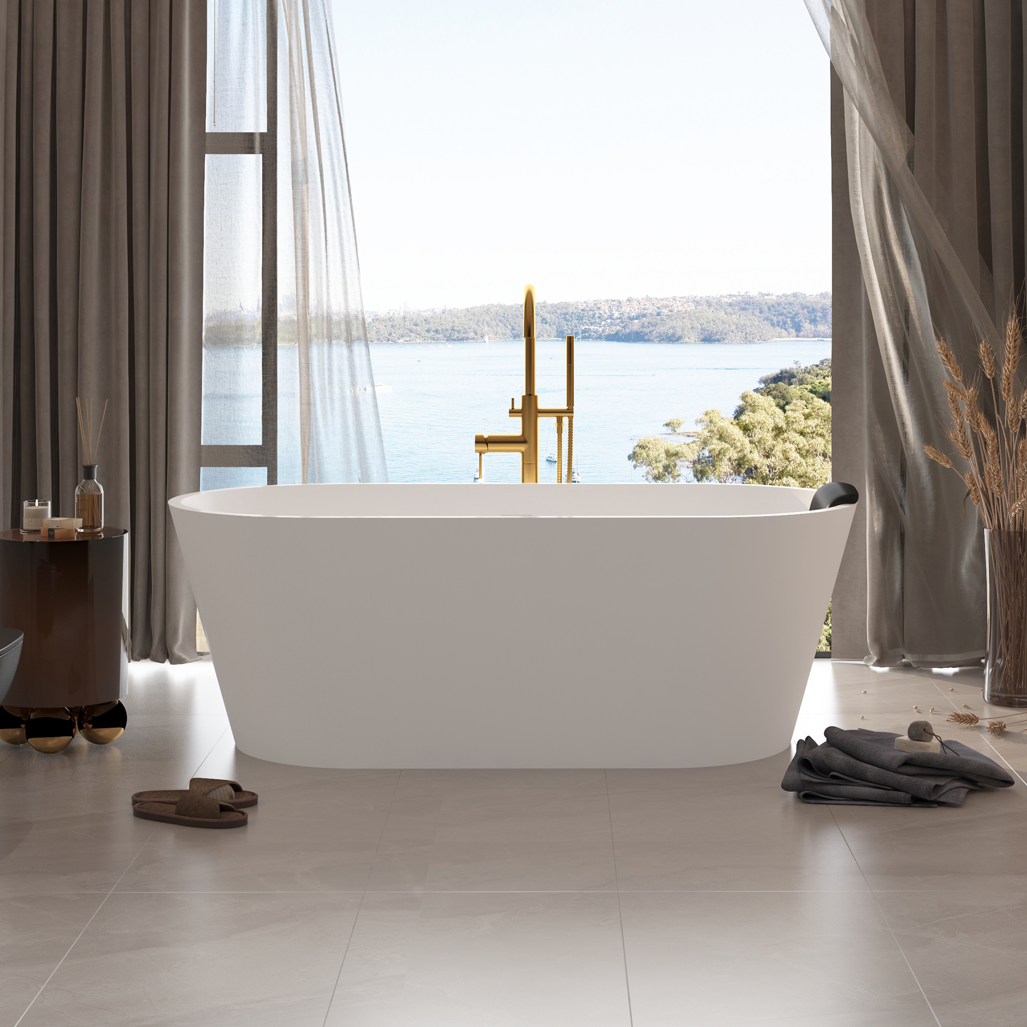 CASAINC 59/67" Matte White Artificial Stone Adult Freestanding Soaking Tub with Cushions