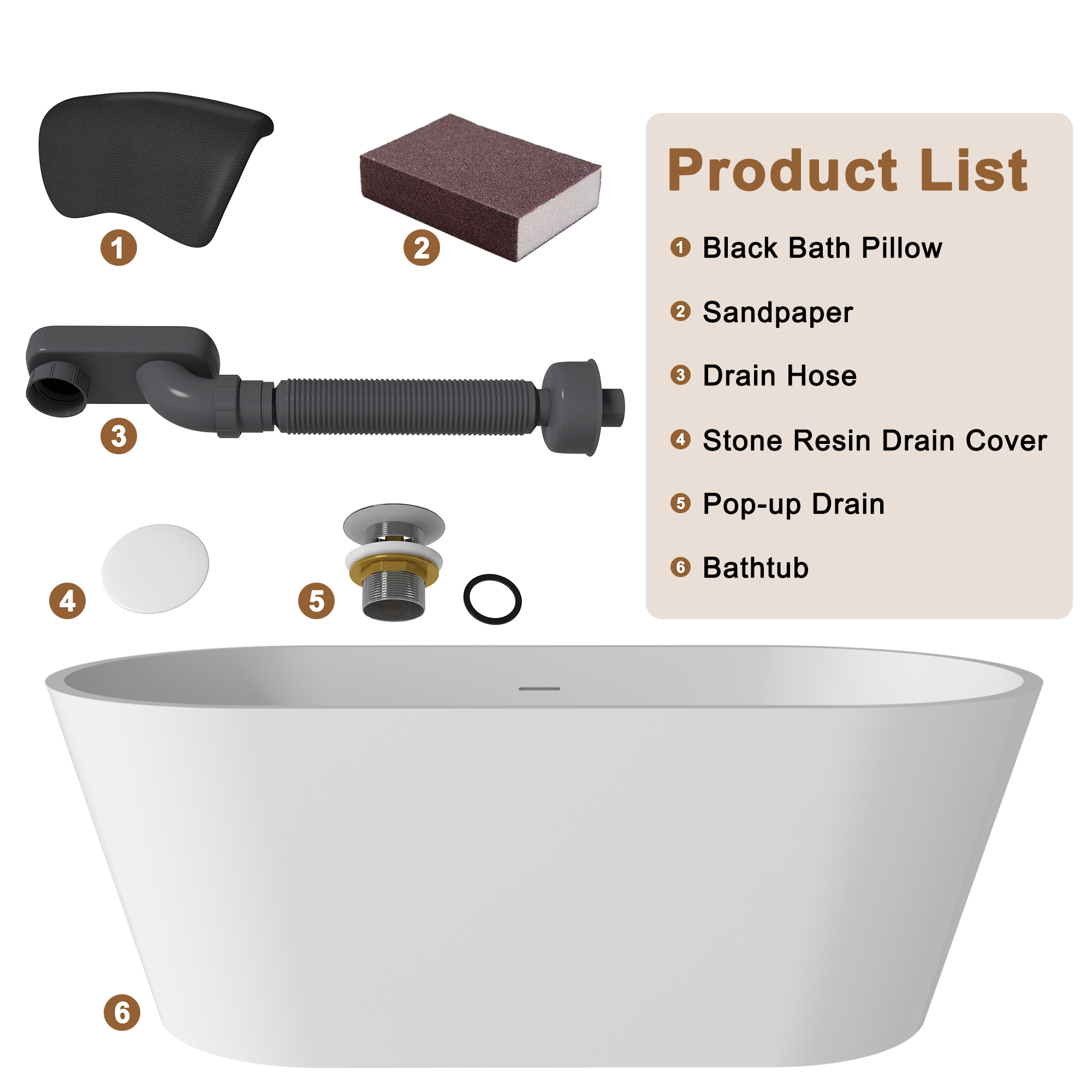 CASAINC 59/67" Matte White Artificial Stone Adult Freestanding Soaking Tub with Cushions