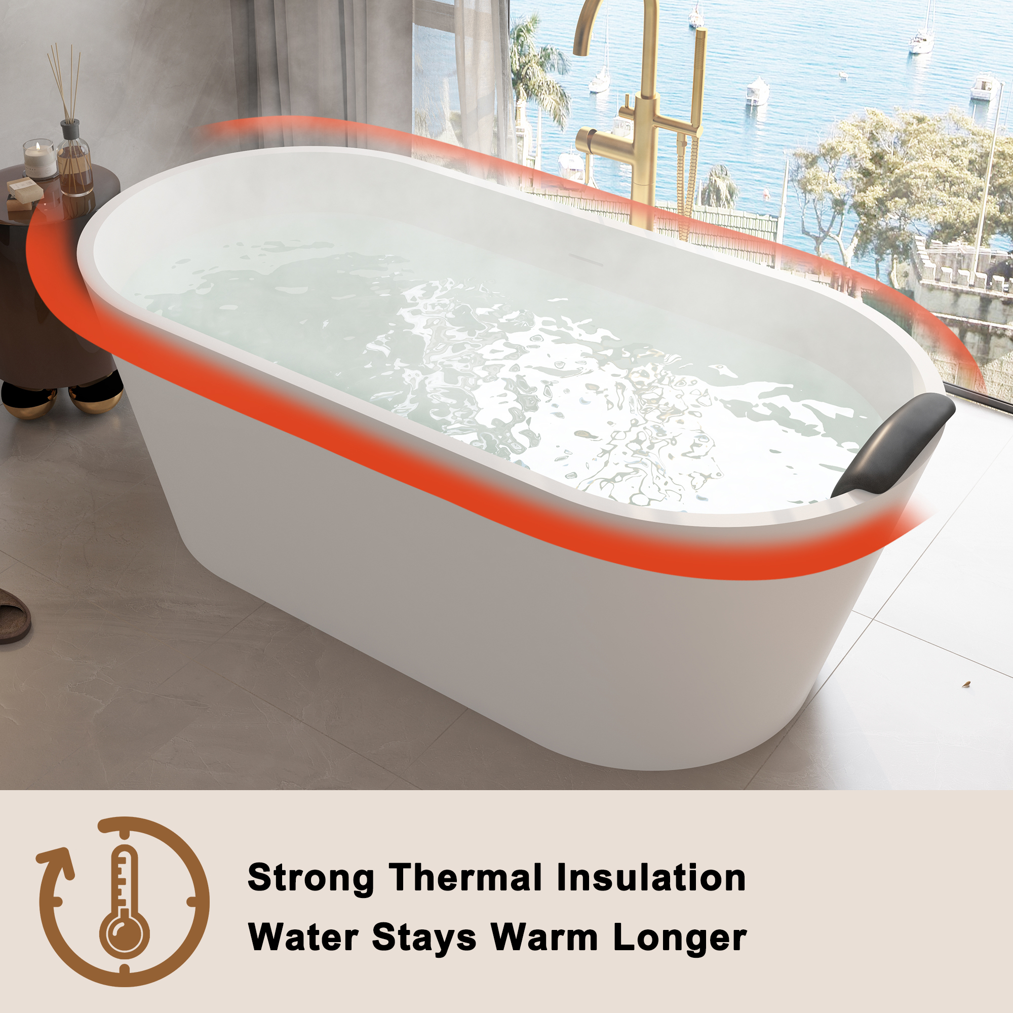 CASAINC 59/67" Matte White Artificial Stone Adult Freestanding Soaking Tub with Cushions