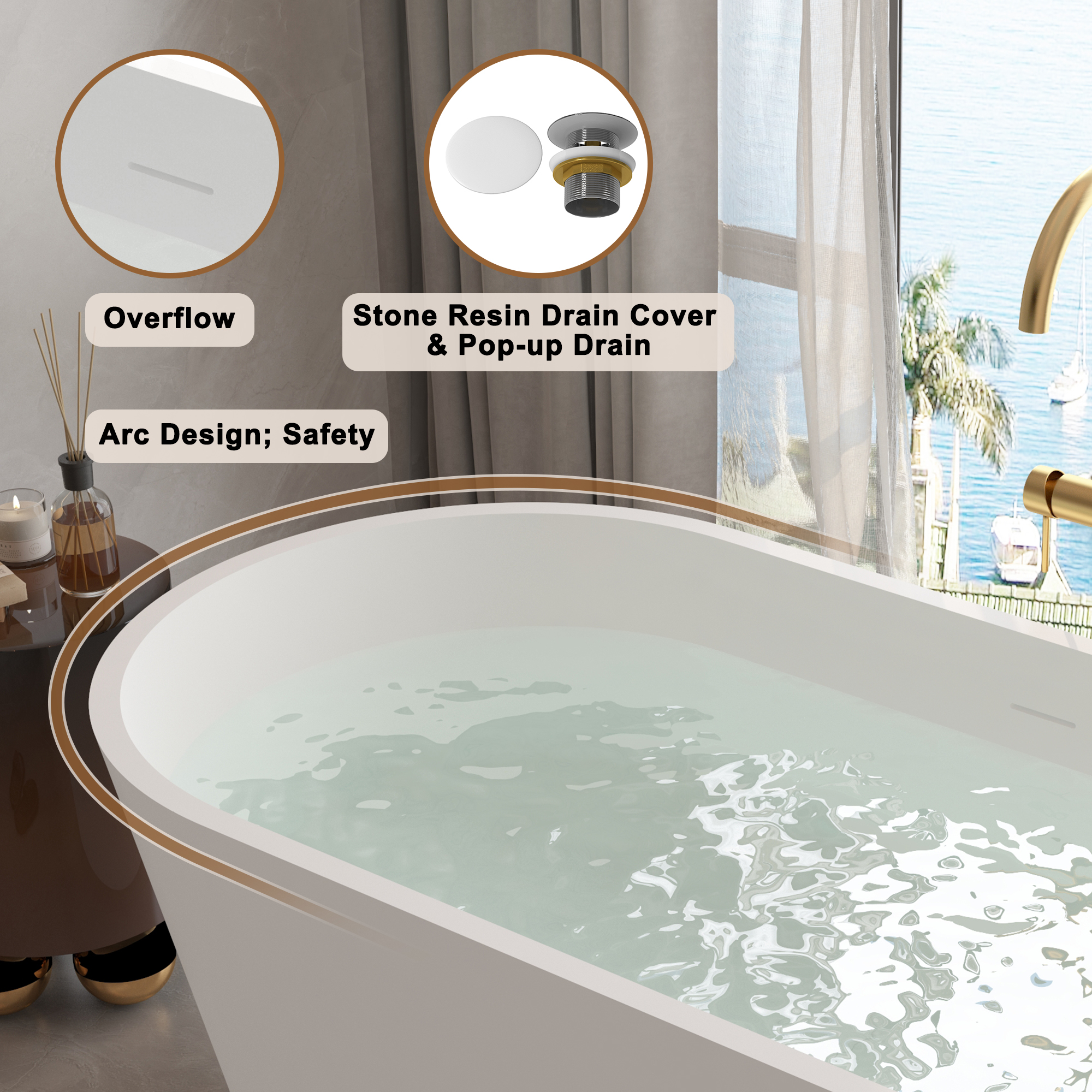 CASAINC 59/67" Matte White Artificial Stone Adult Freestanding Soaking Tub with Cushions