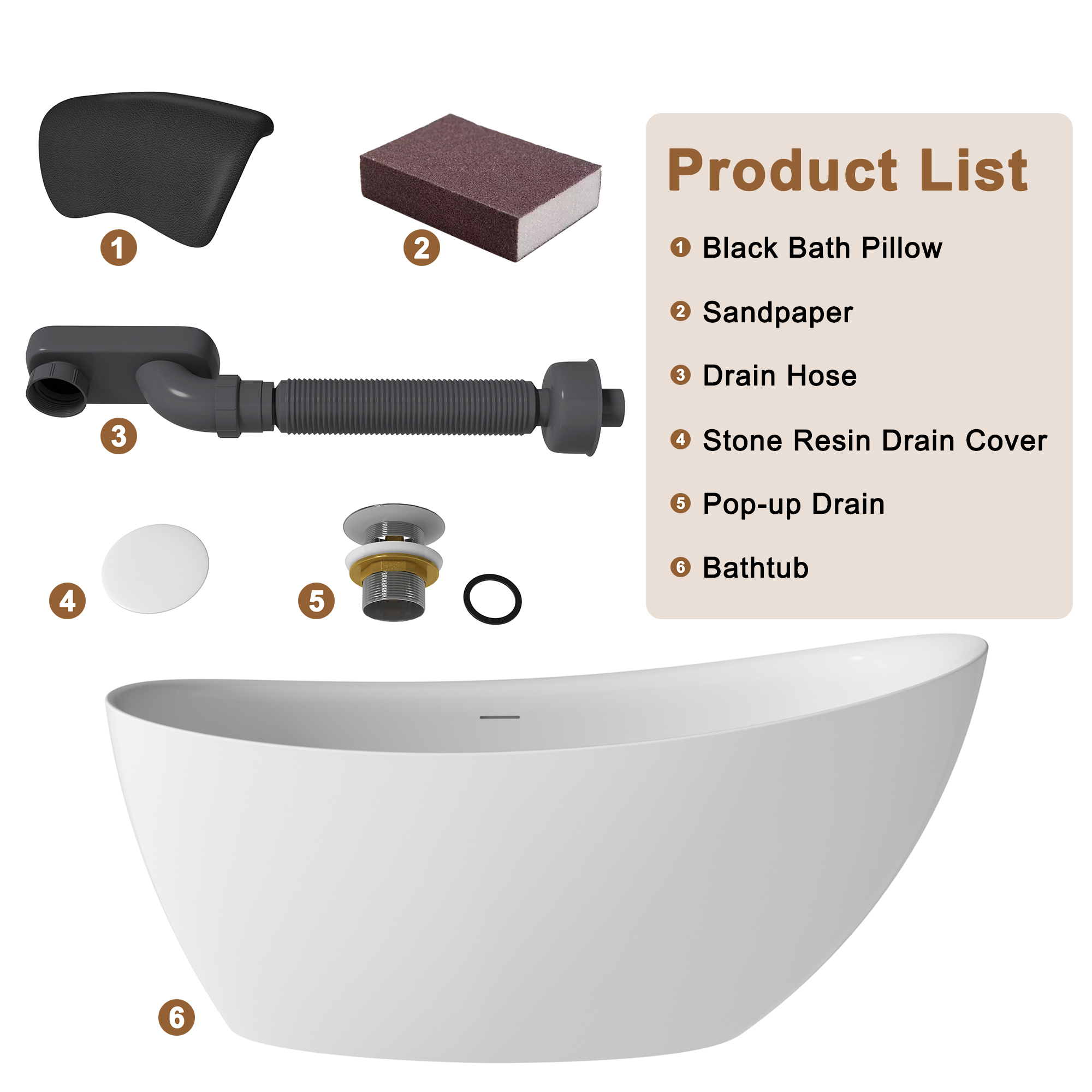 CASAINC 59/67" Matte White Stone Resin Adult Freestanding Soaking Tub with Cushions