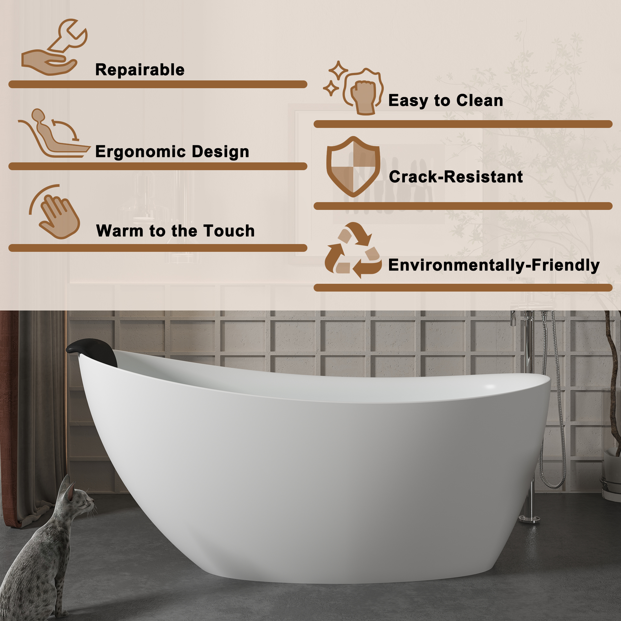 CASAINC 59/67" Matte White Stone Resin Adult Freestanding Soaking Tub with Cushions