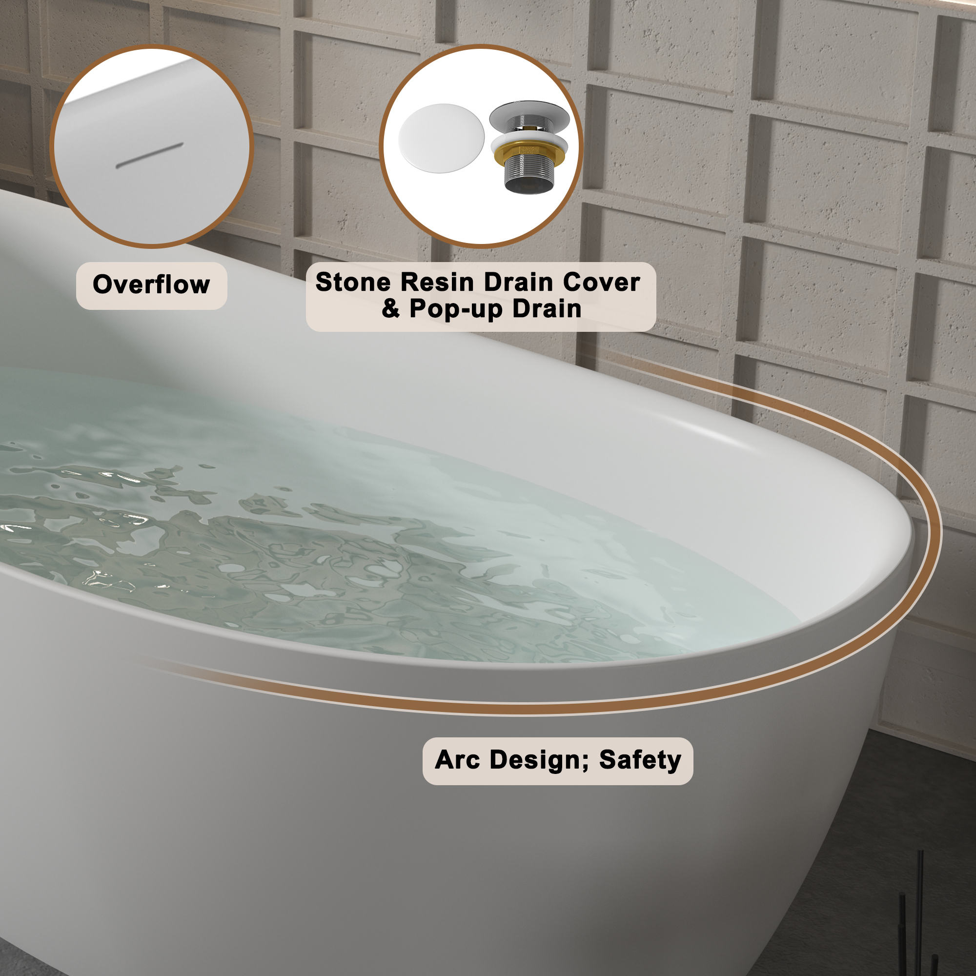 CASAINC 59/67" Matte White Stone Resin Adult Freestanding Soaking Tub with Cushions