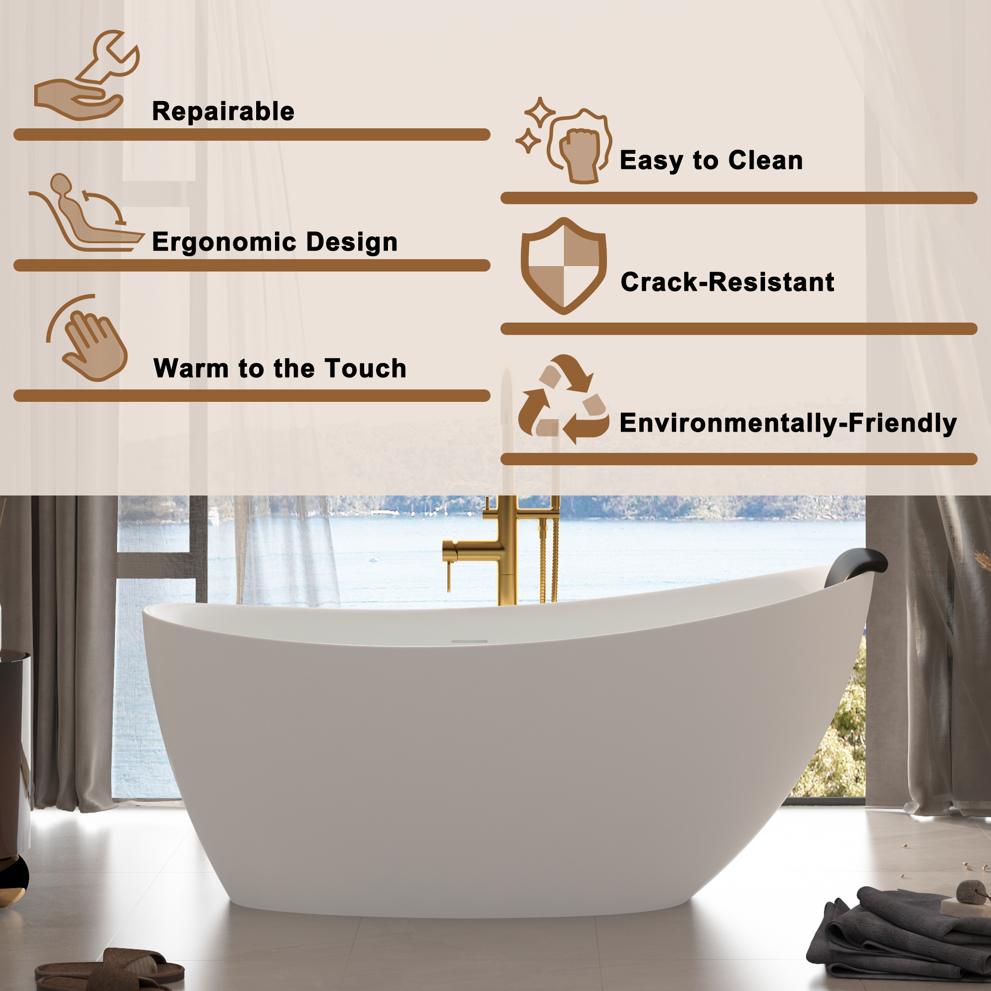CASAINC 59/67" Matte White Stone Resin Adult Freestanding Soaking Tub with Cushions