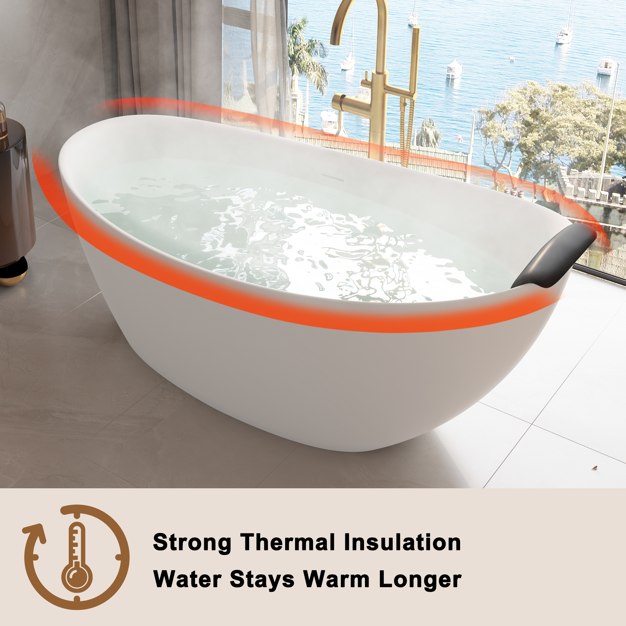 CASAINC 59/67" Matte White Stone Resin Adult Freestanding Soaking Tub with Cushions