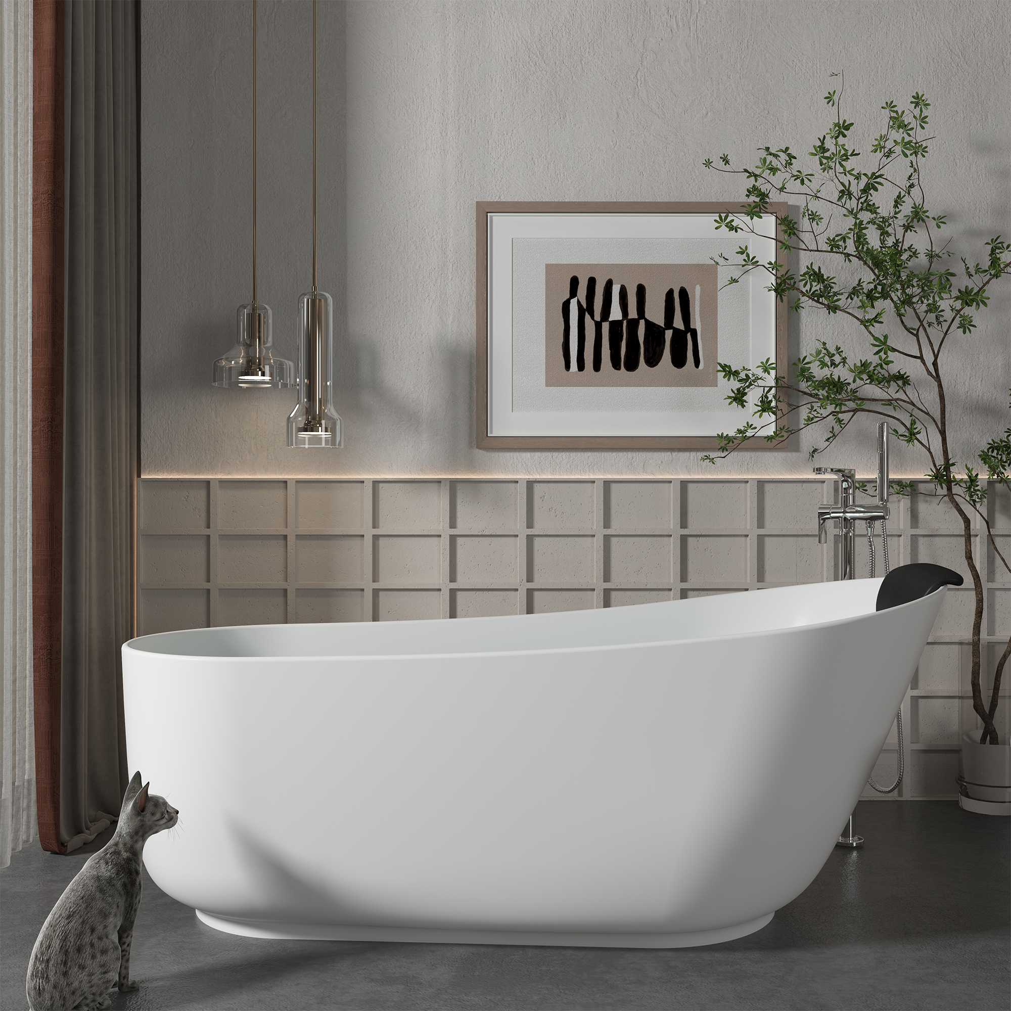 CASAINC 59/67" Matte White Stone Resin Adult Freestanding Soaking Tub with Cushions