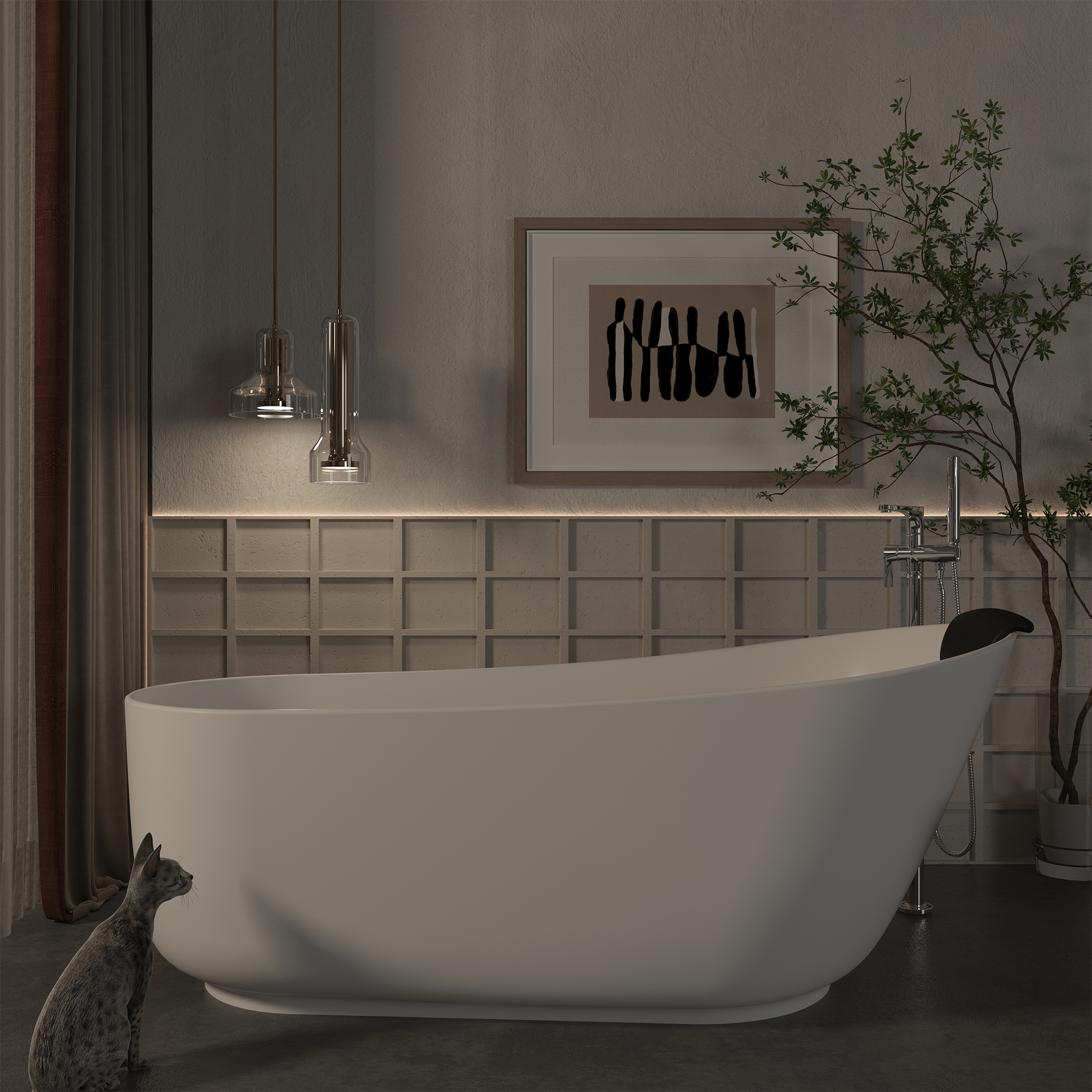 CASAINC 59/67" Matte White Stone Resin Adult Freestanding Soaking Tub with Cushions