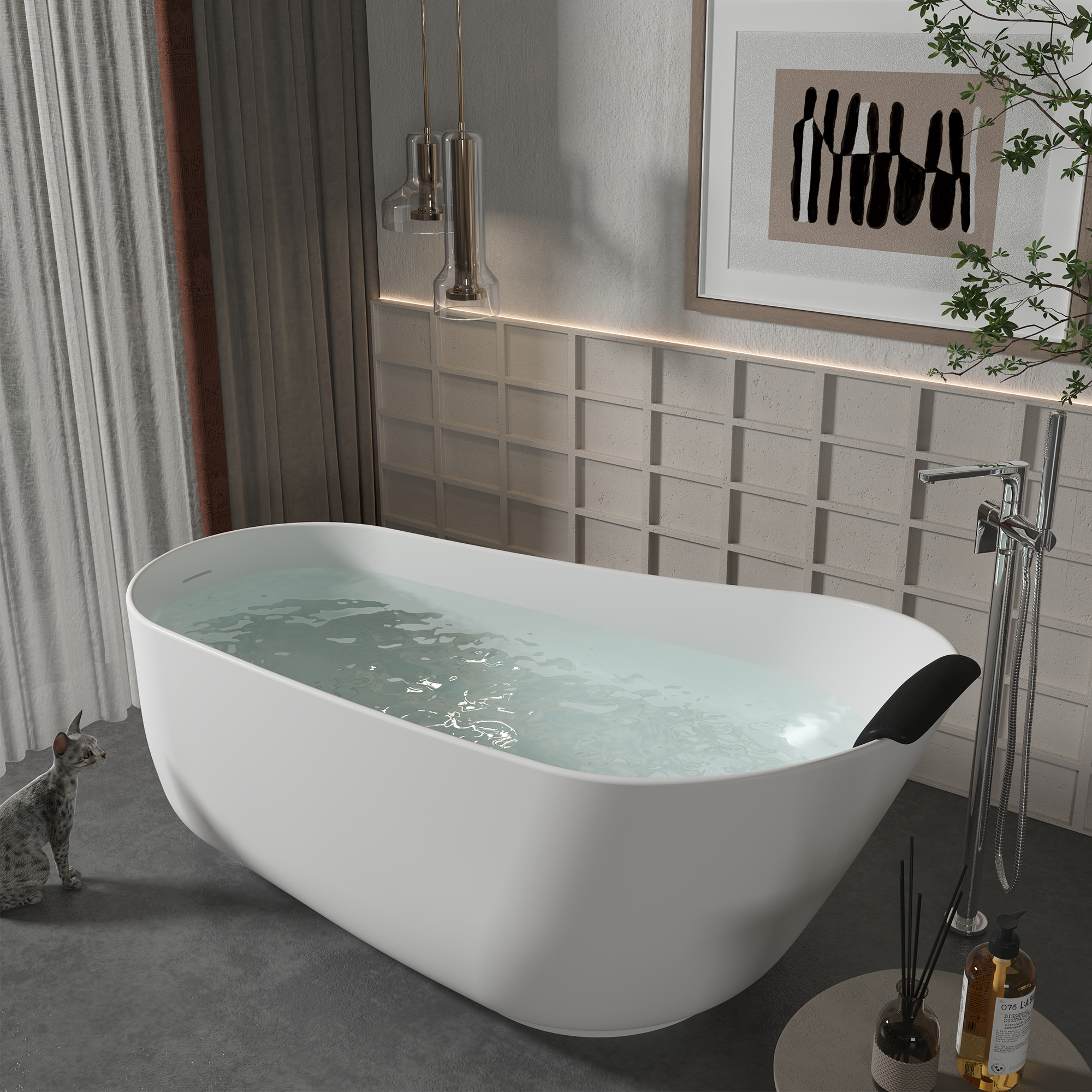 CASAINC 59/67" Matte White Stone Resin Adult Freestanding Soaking Tub with Cushions