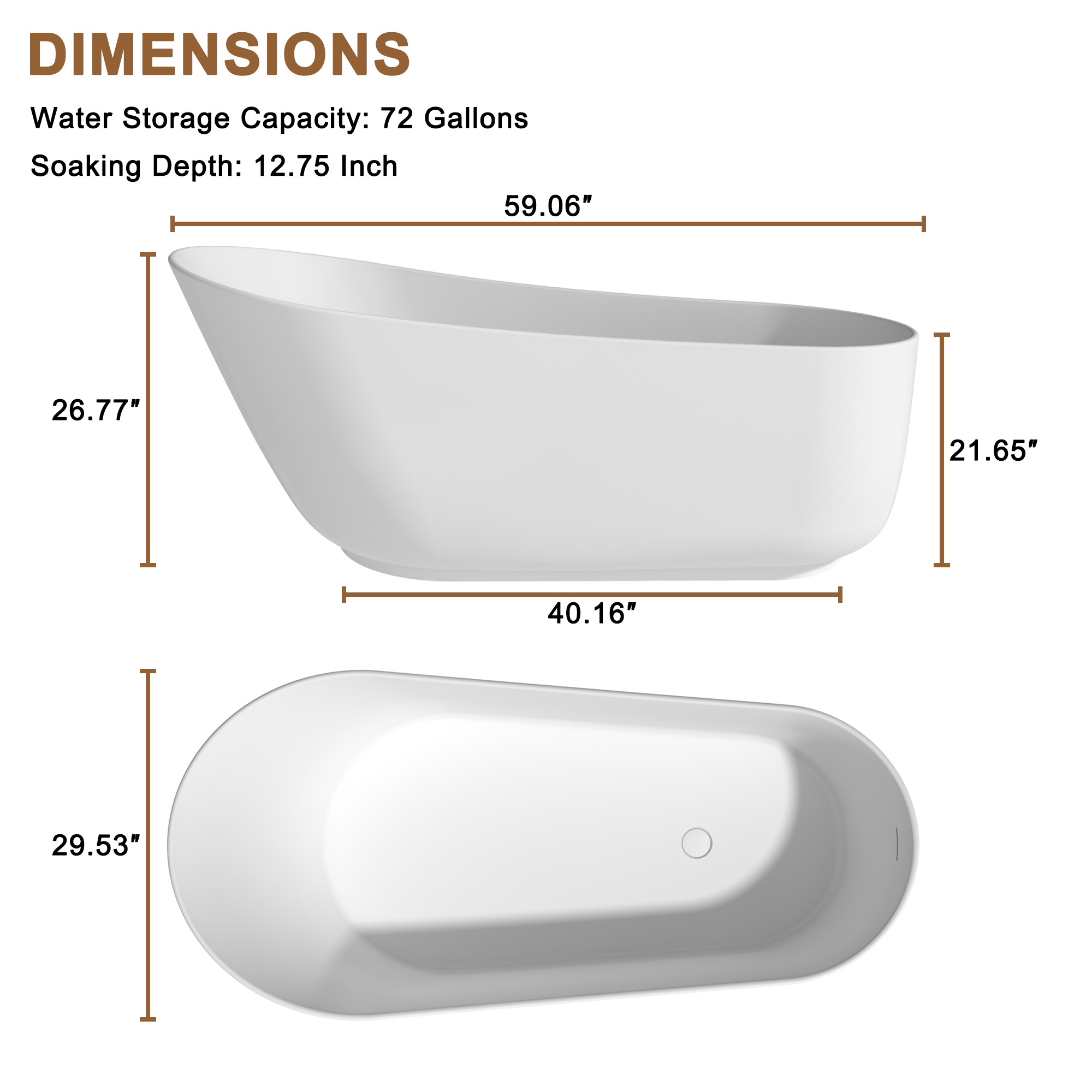 CASAINC 59/67" Matte White Stone Resin Adult Freestanding Soaking Tub with Cushions