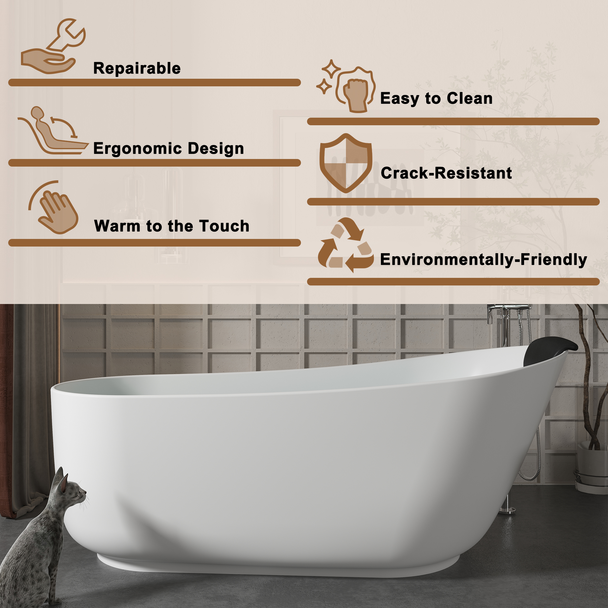 CASAINC 59/67" Matte White Stone Resin Adult Freestanding Soaking Tub with Cushions