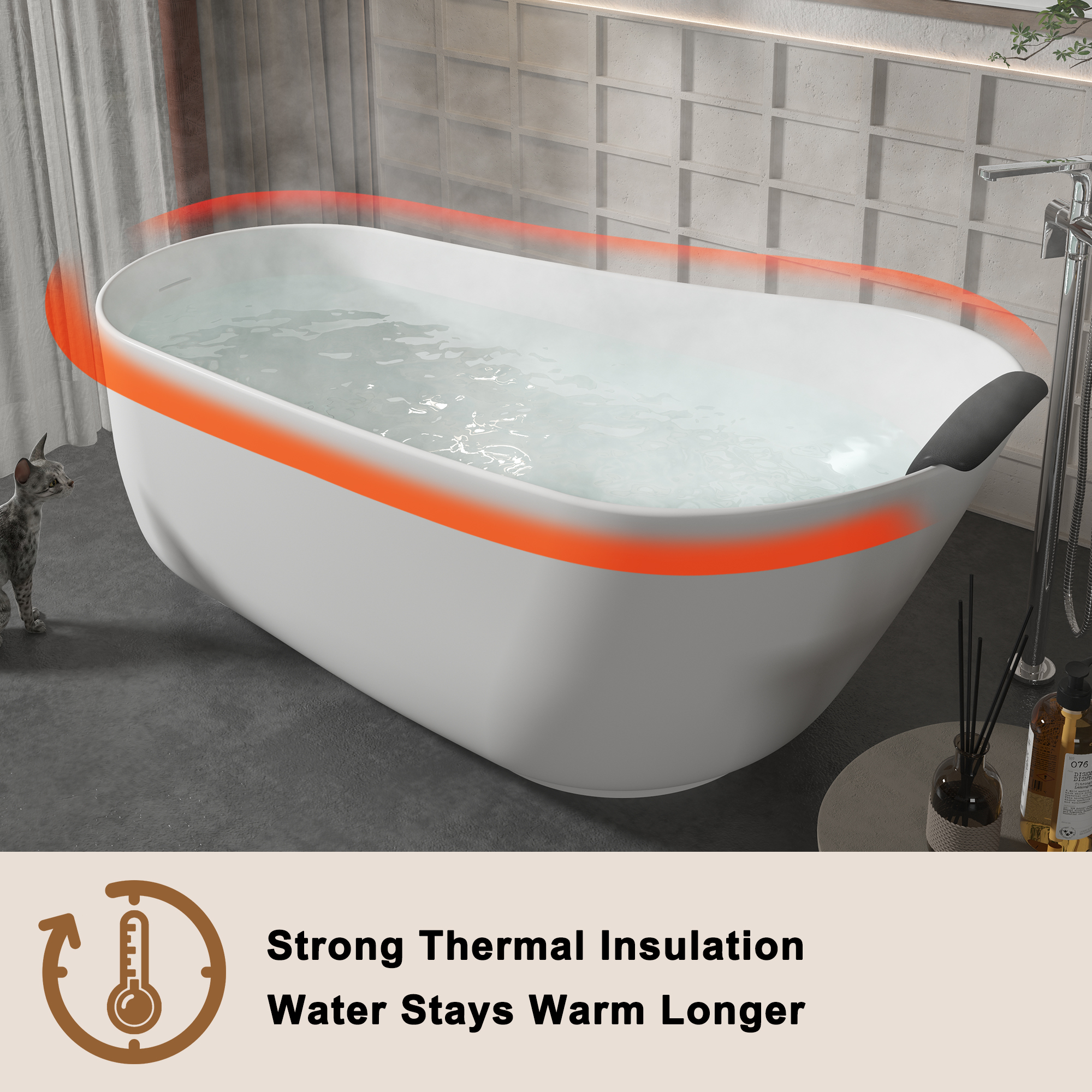 CASAINC 59/67" Matte White Stone Resin Adult Freestanding Soaking Tub with Cushions