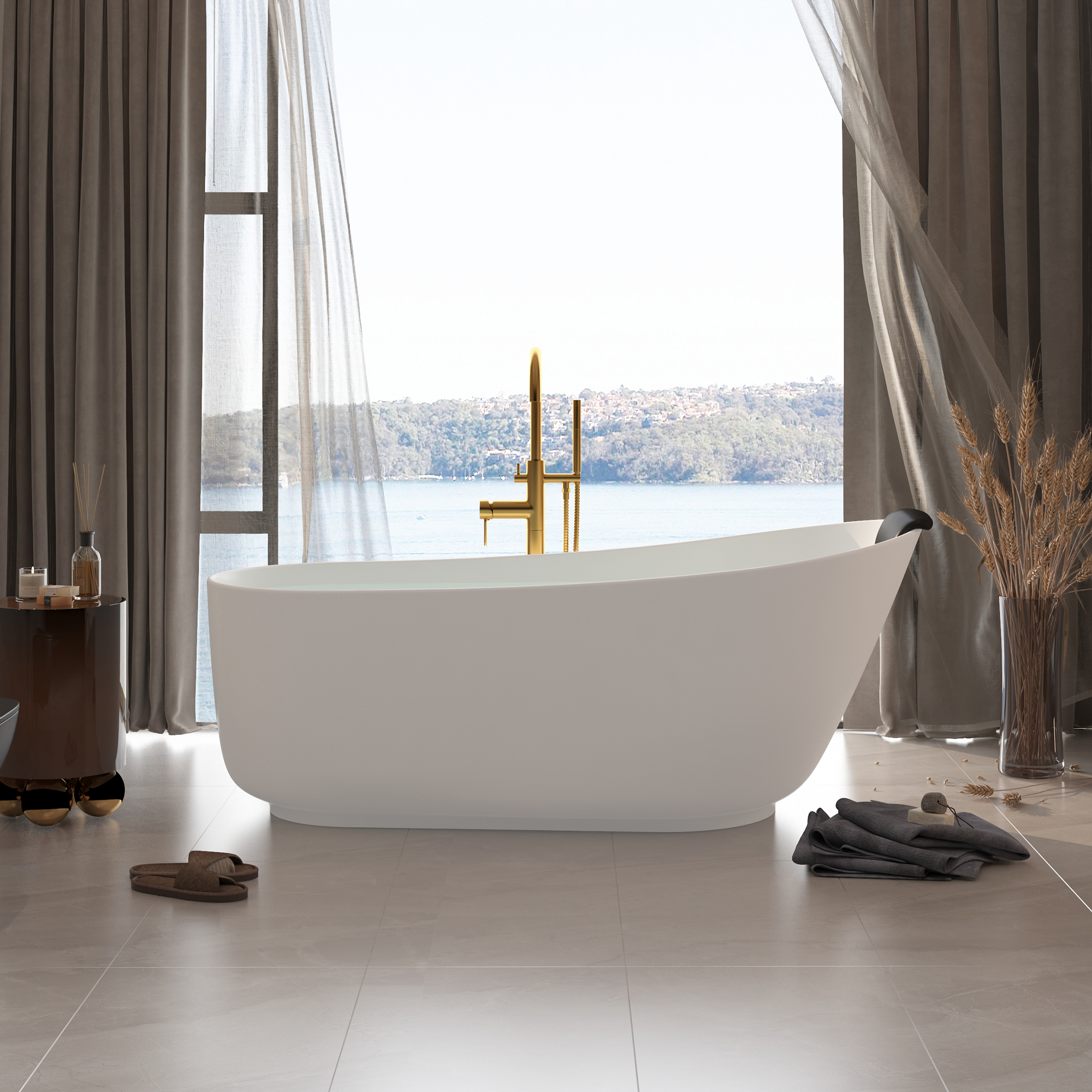 CASAINC 59/67" Matte White Stone Resin Adult Freestanding Soaking Tub with Cushions