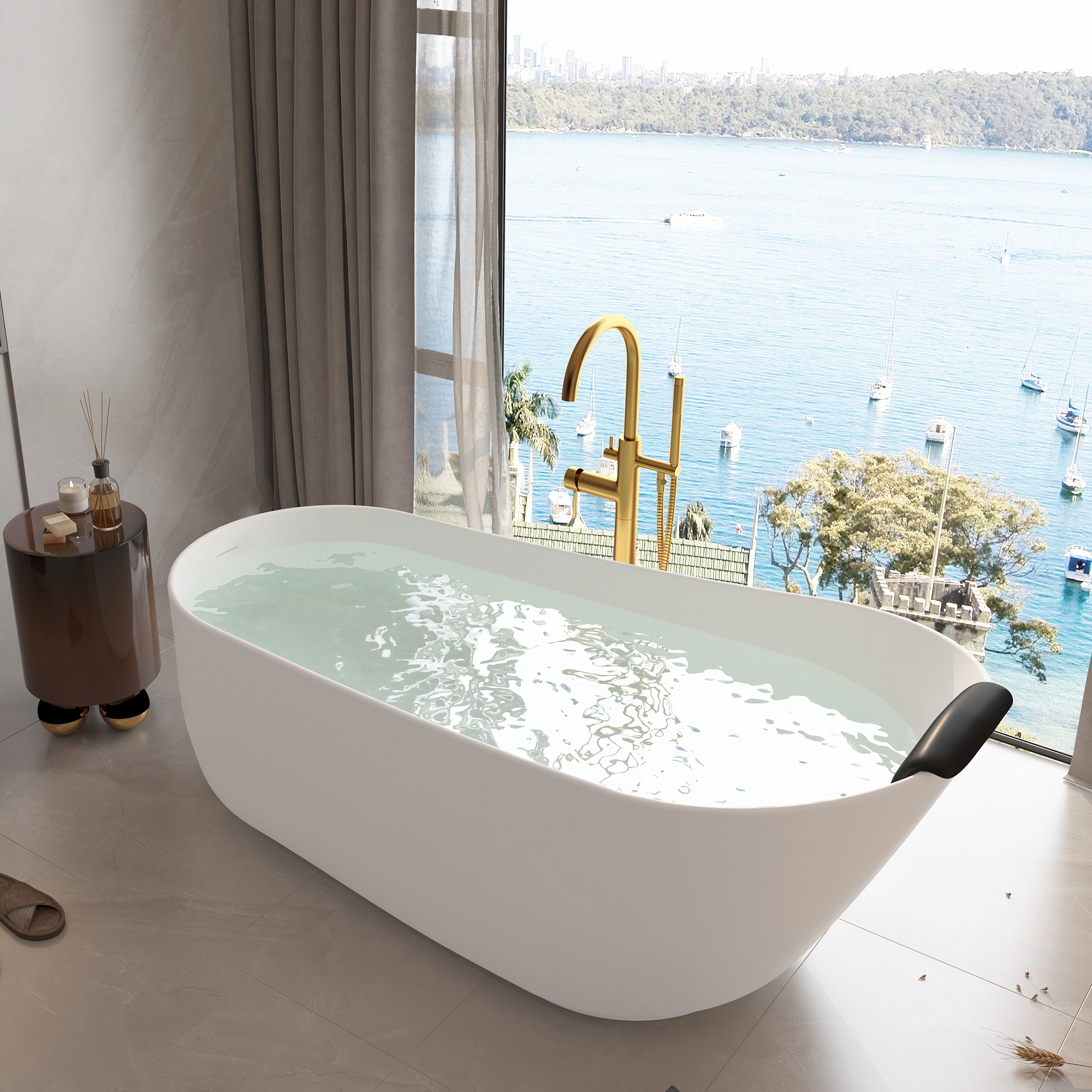 CASAINC 59/67" Matte White Stone Resin Adult Freestanding Soaking Tub with Cushions