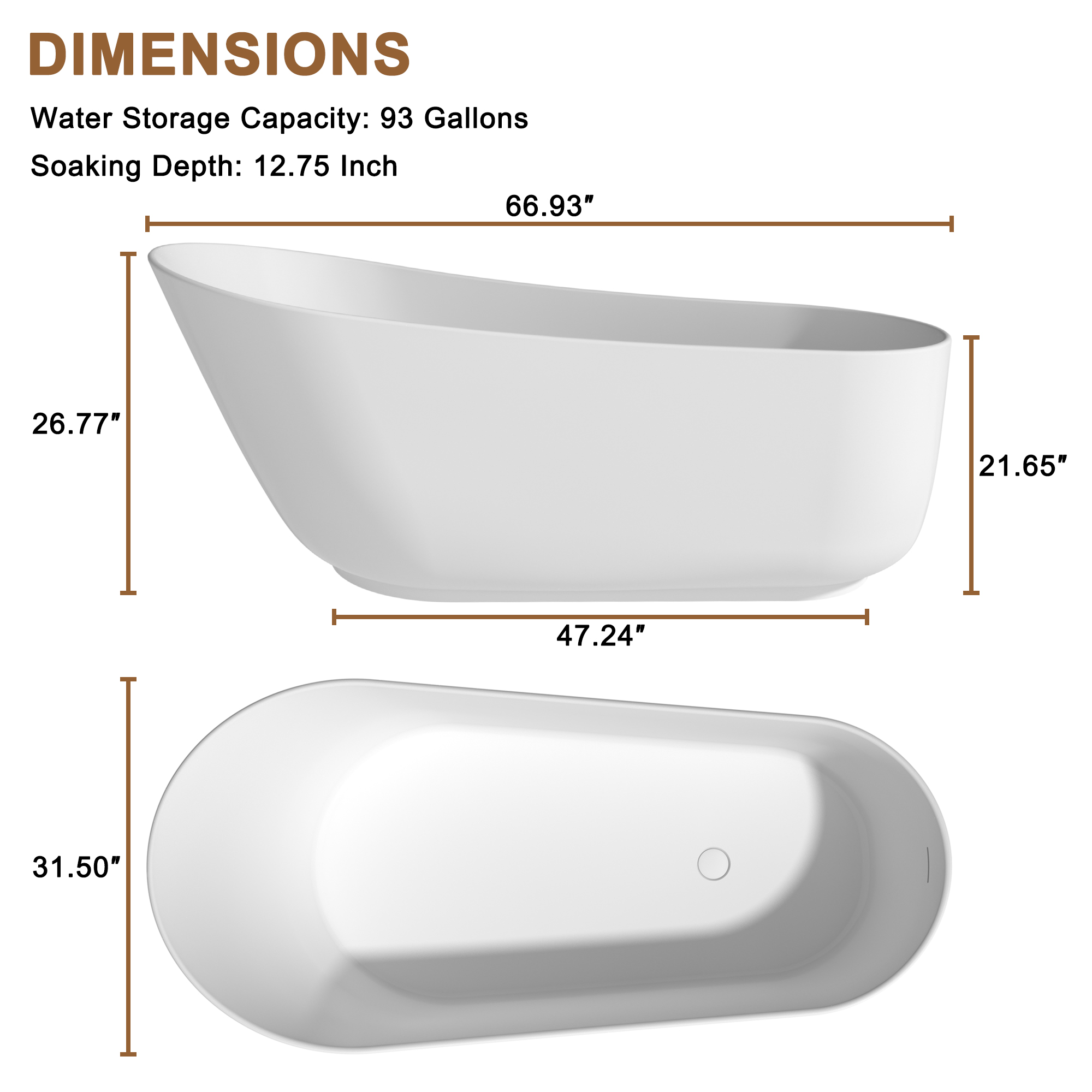 CASAINC 59/67" Matte White Stone Resin Adult Freestanding Soaking Tub with Cushions