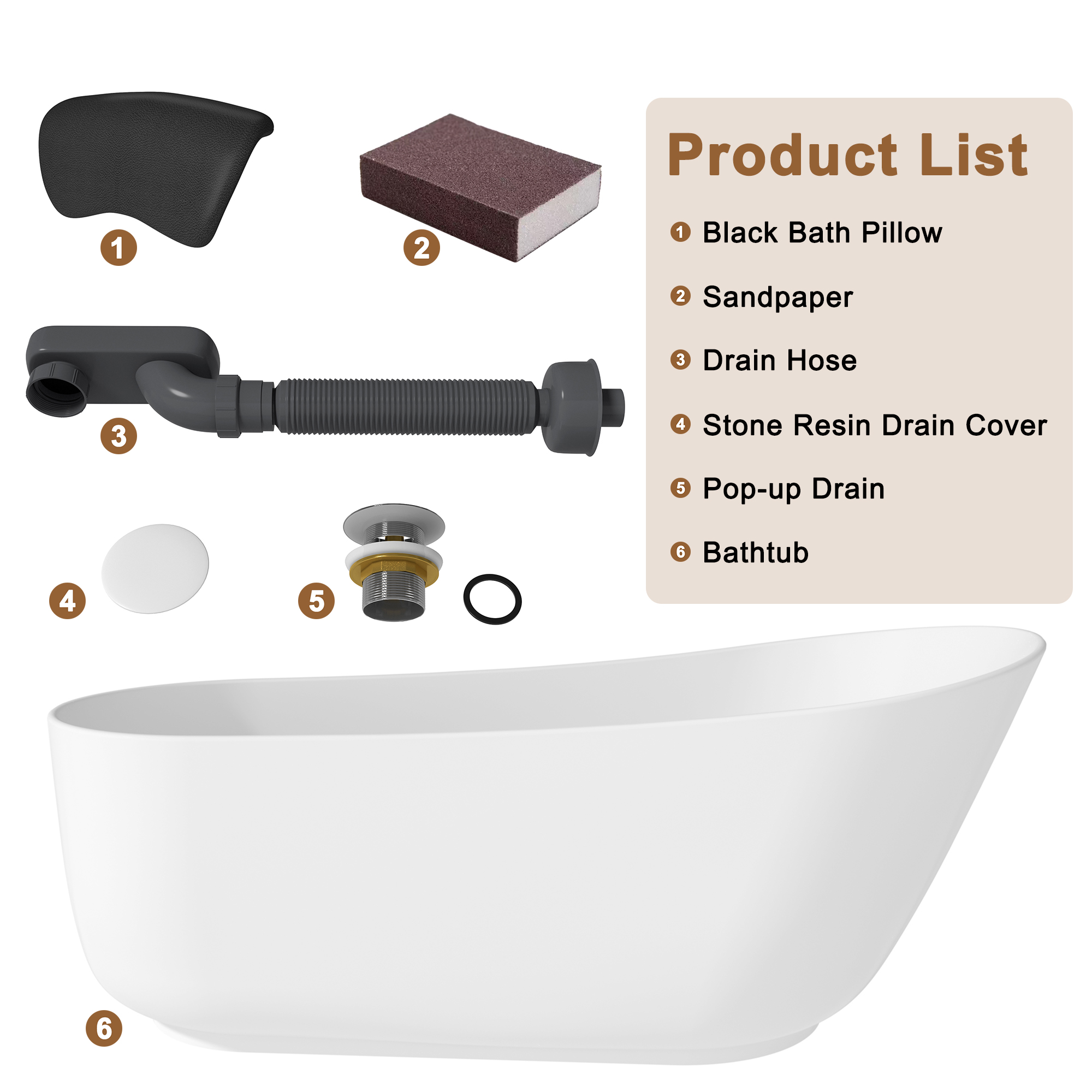 CASAINC 59/67" Matte White Stone Resin Adult Freestanding Soaking Tub with Cushions