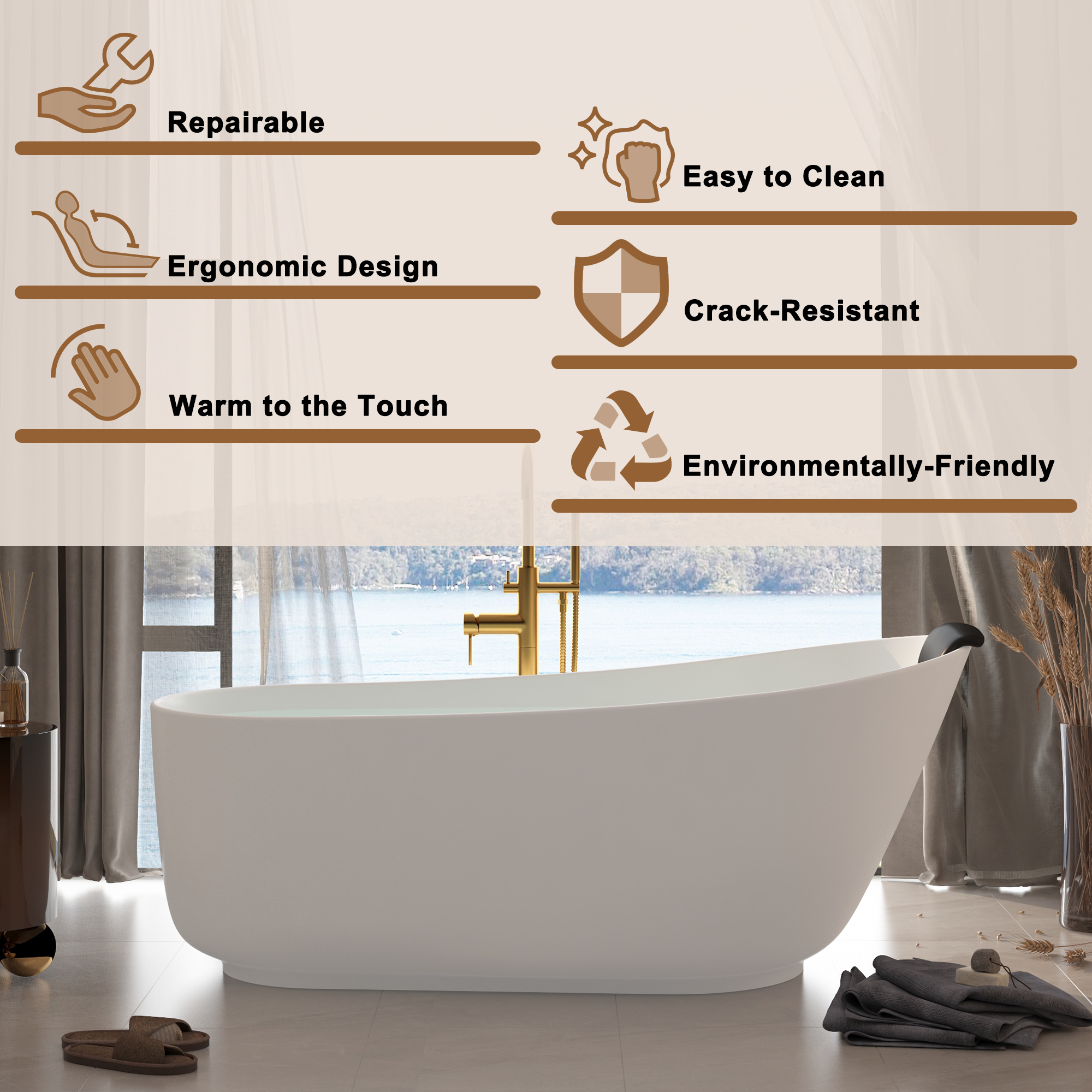 CASAINC 59/67" Matte White Stone Resin Adult Freestanding Soaking Tub with Cushions