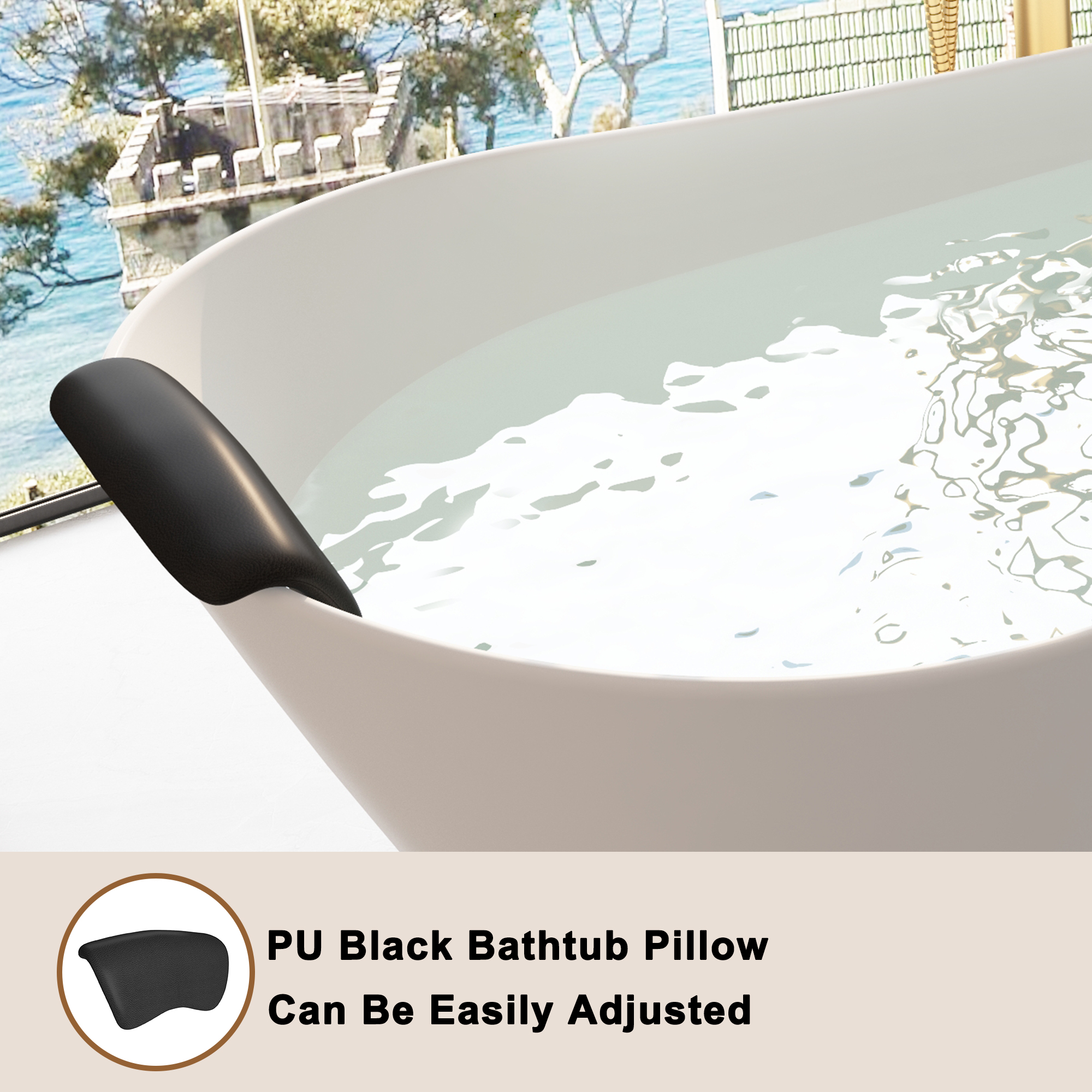 CASAINC 59/67" Matte White Stone Resin Adult Freestanding Soaking Tub with Cushions