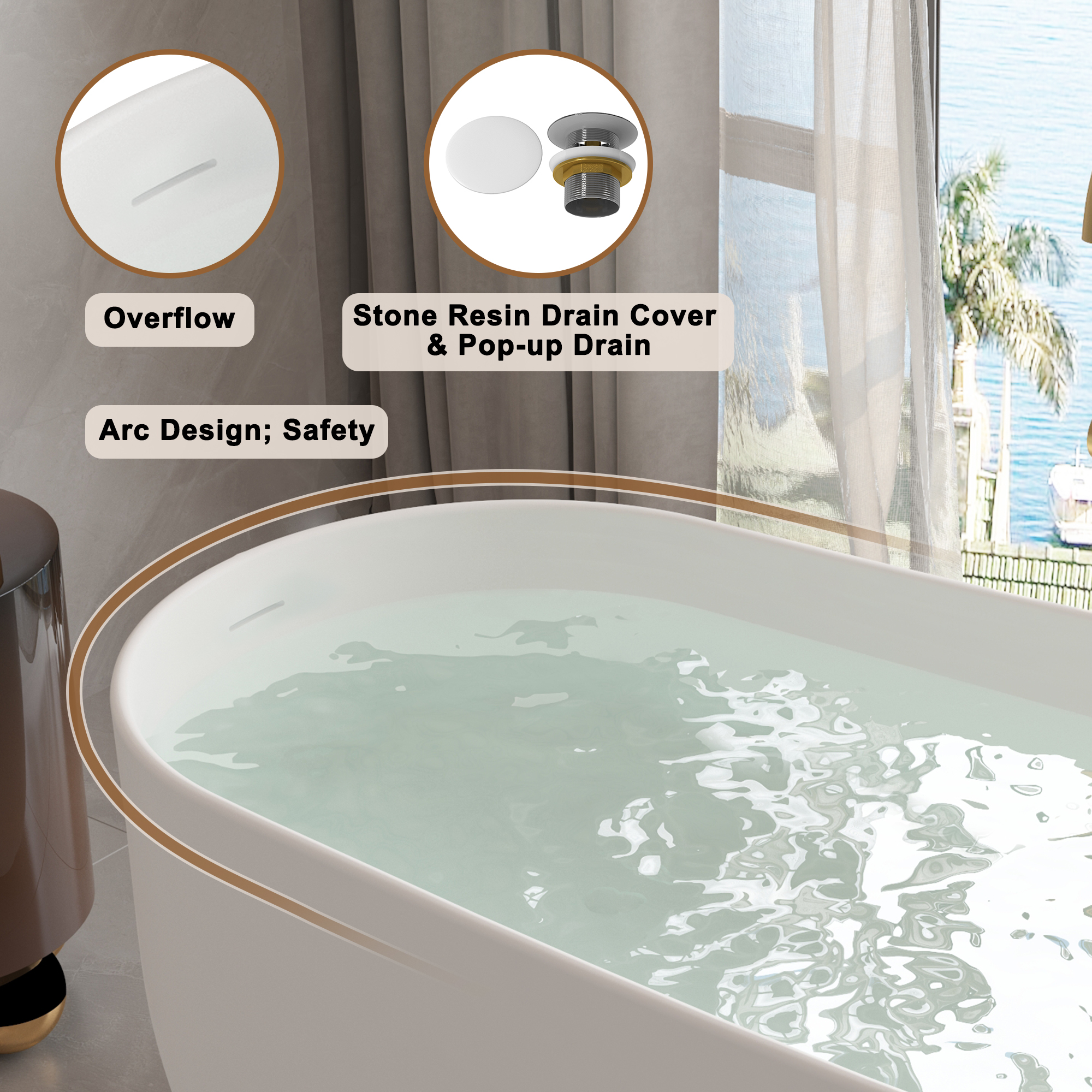 CASAINC 59/67" Matte White Stone Resin Adult Freestanding Soaking Tub with Cushions