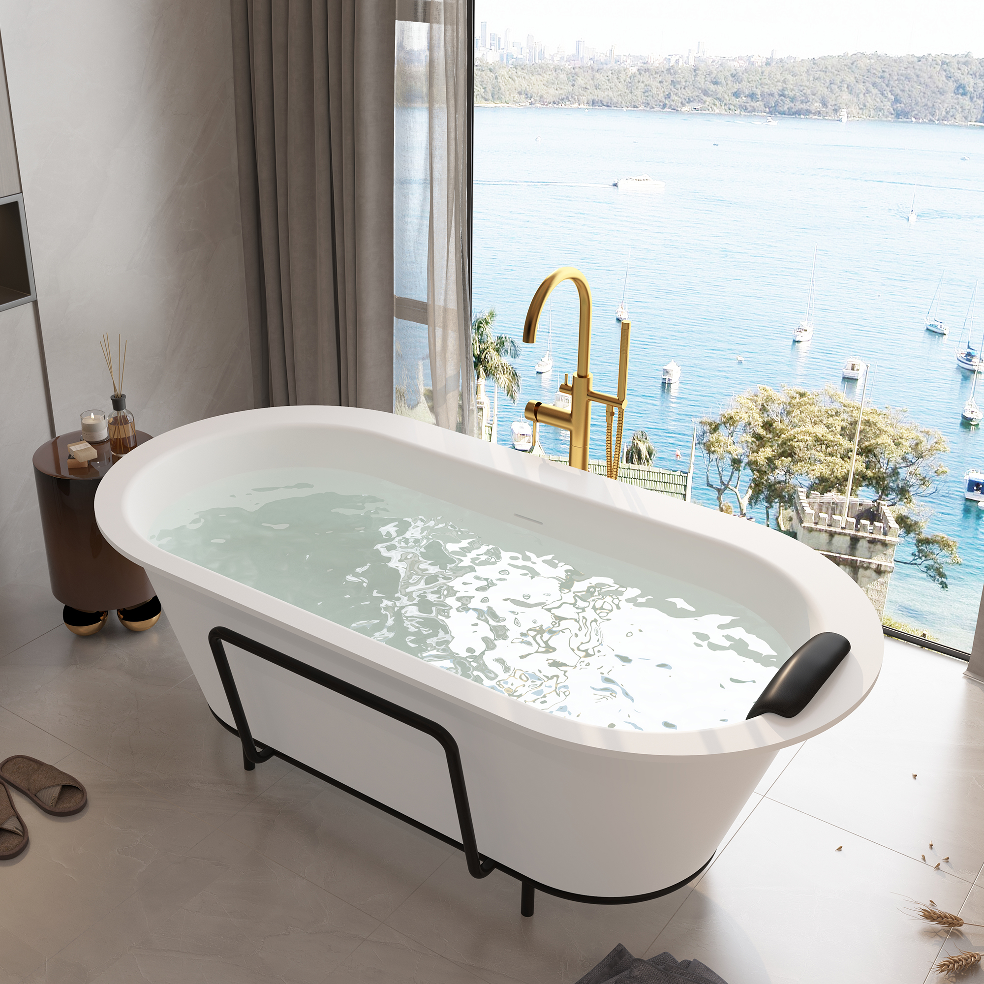 CASAINC 67/71" Matte White Stone Resin Adult Freestanding Soaking Tub with Cushions