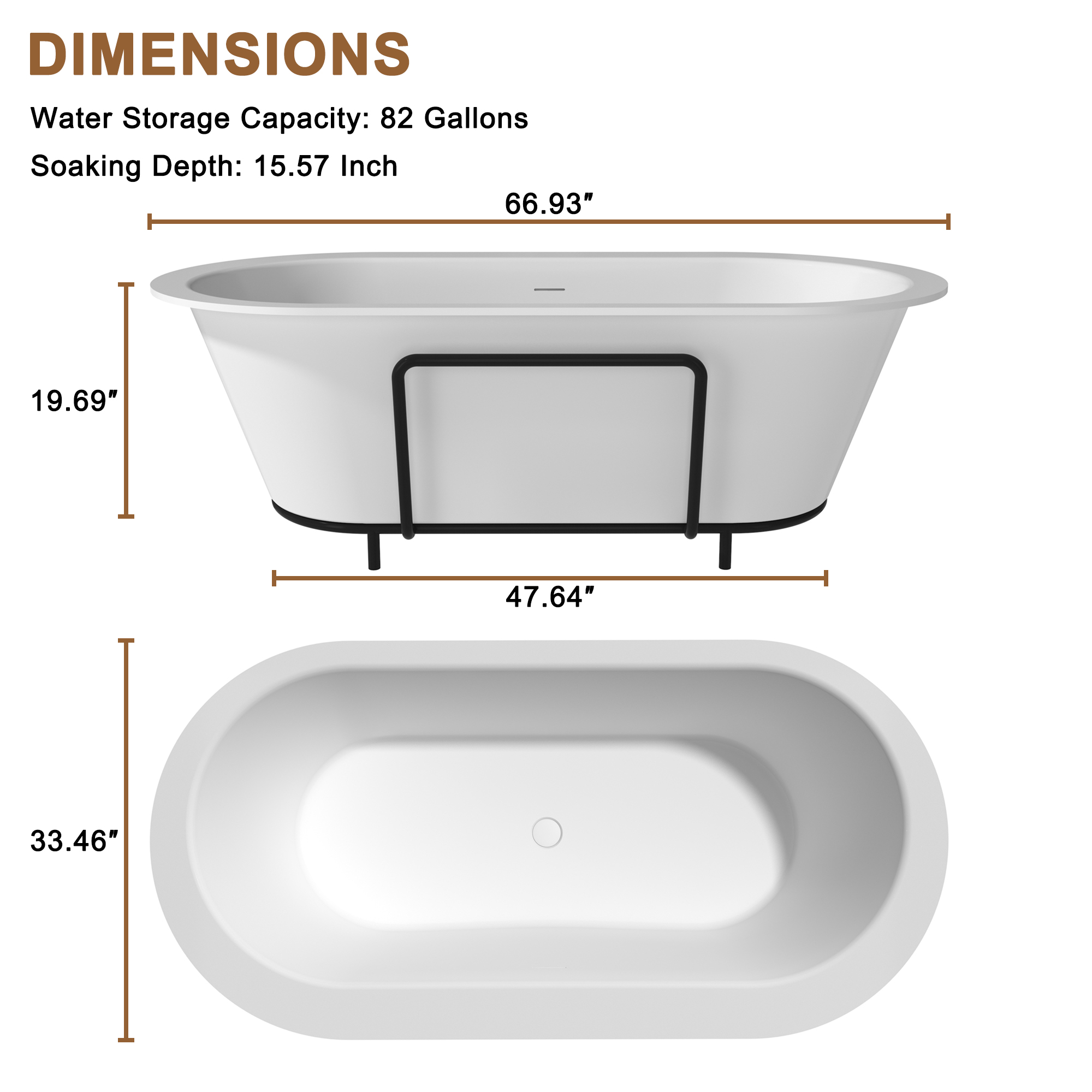 CASAINC 67/71" Matte White Stone Resin Adult Freestanding Soaking Tub with Cushions