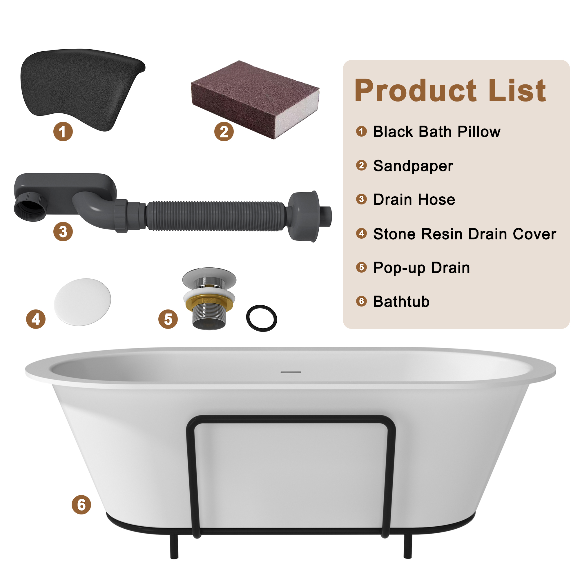 CASAINC 67/71" Matte White Stone Resin Adult Freestanding Soaking Tub with Cushions