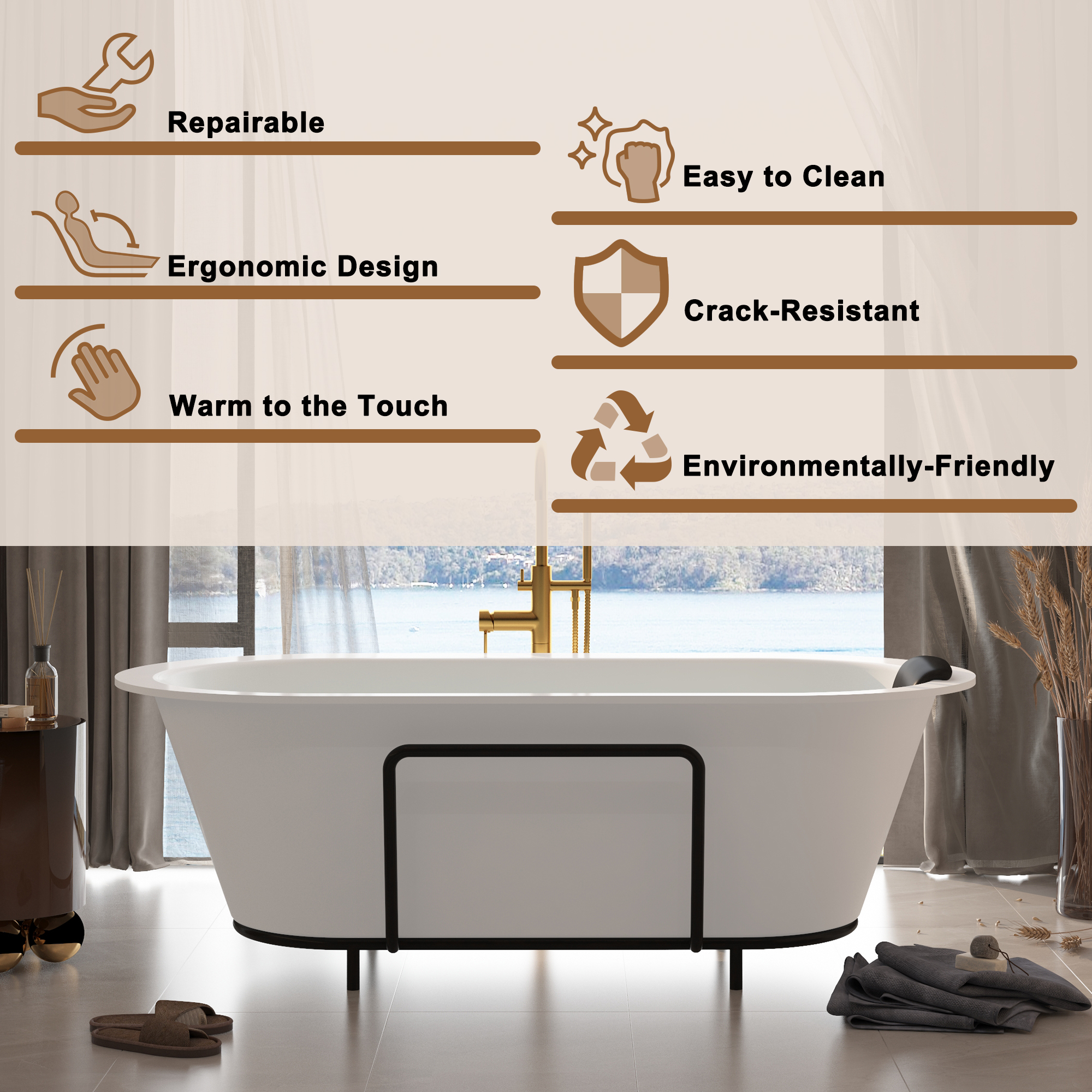 CASAINC 67/71" Matte White Stone Resin Adult Freestanding Soaking Tub with Cushions