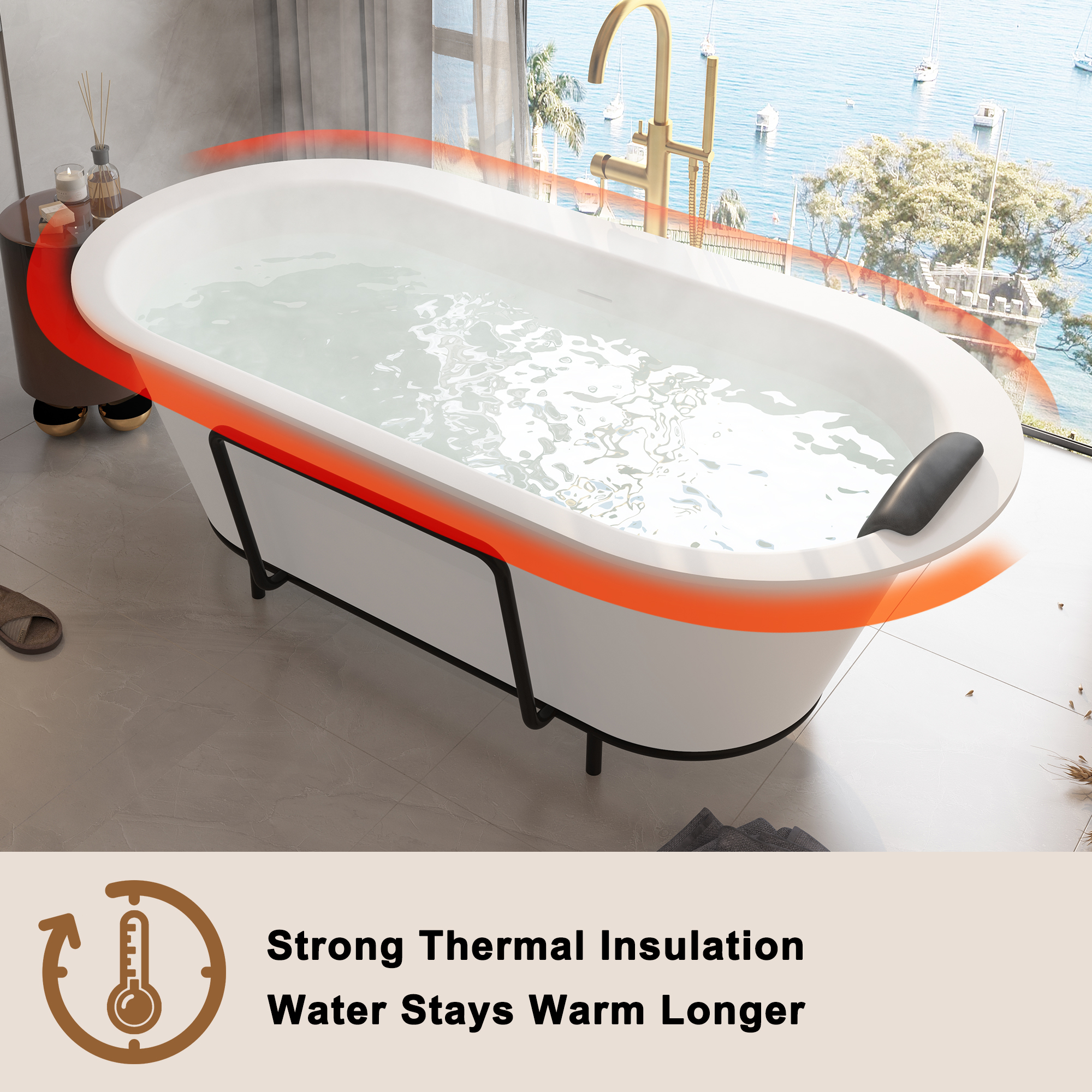 CASAINC 67/71" Matte White Stone Resin Adult Freestanding Soaking Tub with Cushions