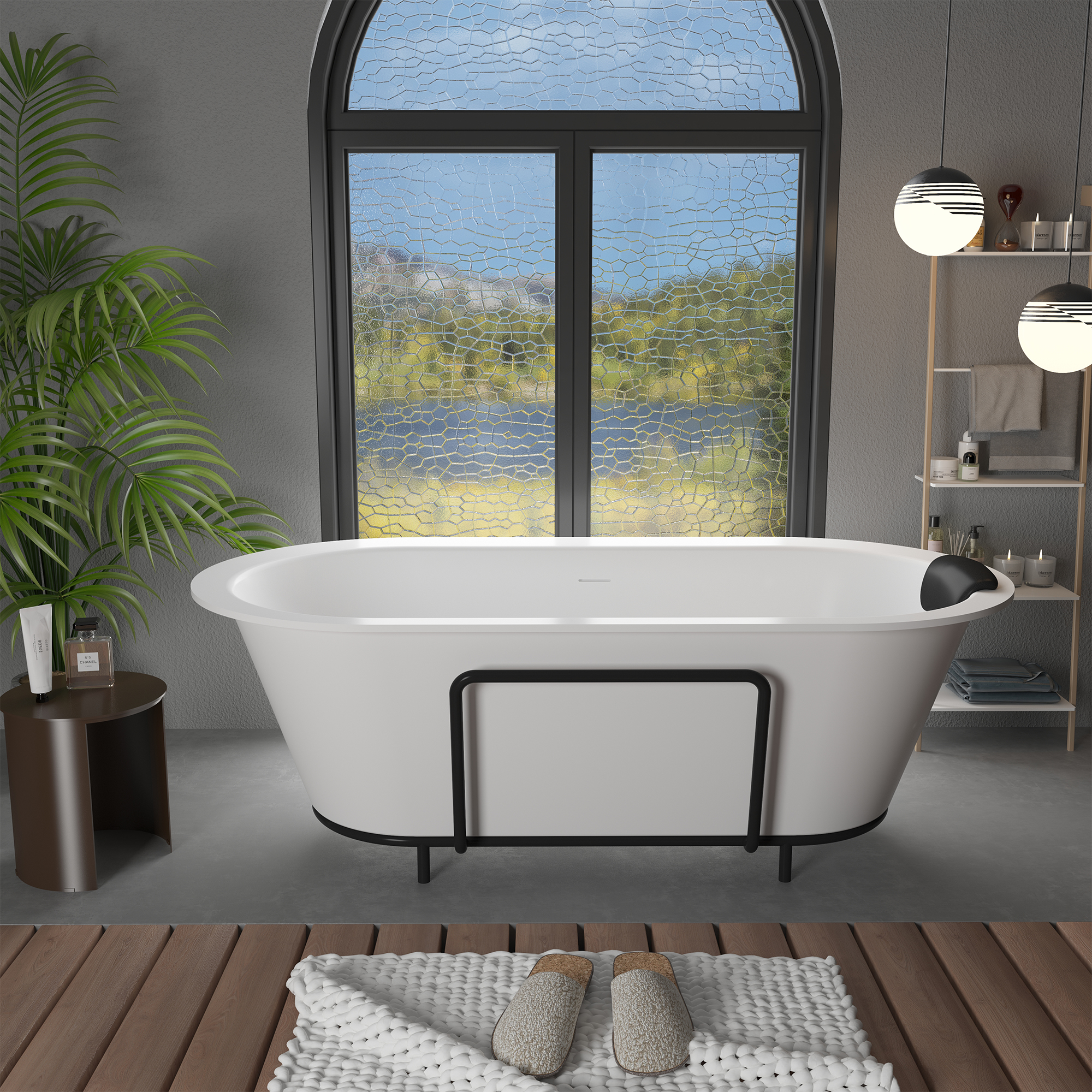 CASAINC 67/71" Matte White Stone Resin Adult Freestanding Soaking Tub with Cushions