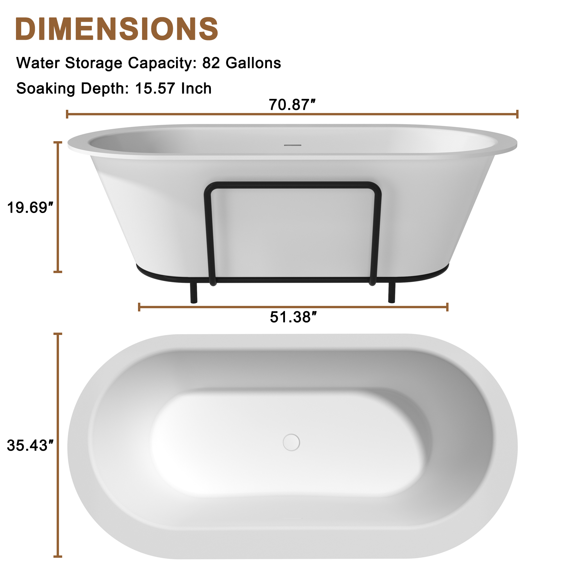 CASAINC 67/71" Matte White Stone Resin Adult Freestanding Soaking Tub with Cushions