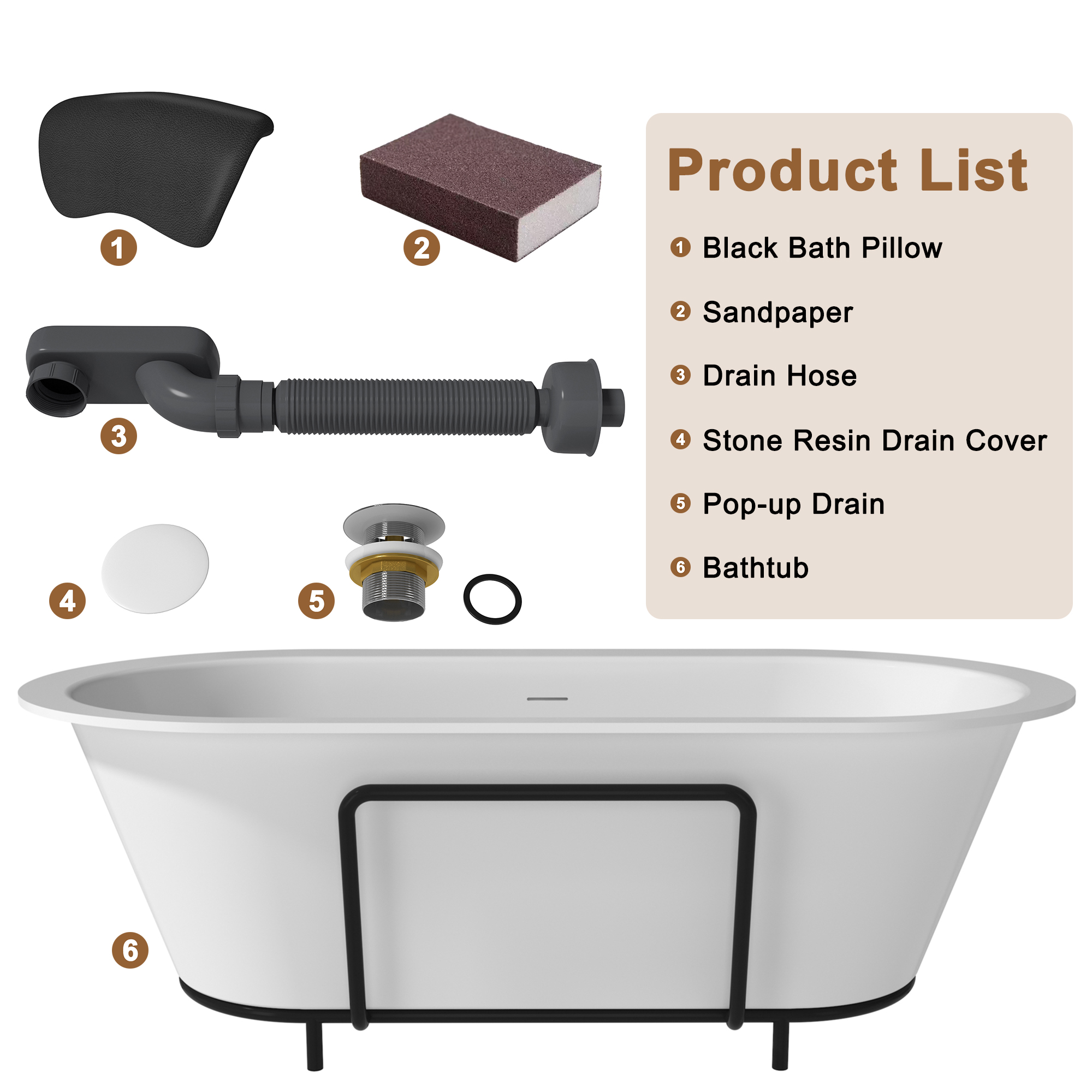 CASAINC 67/71" Matte White Stone Resin Adult Freestanding Soaking Tub with Cushions