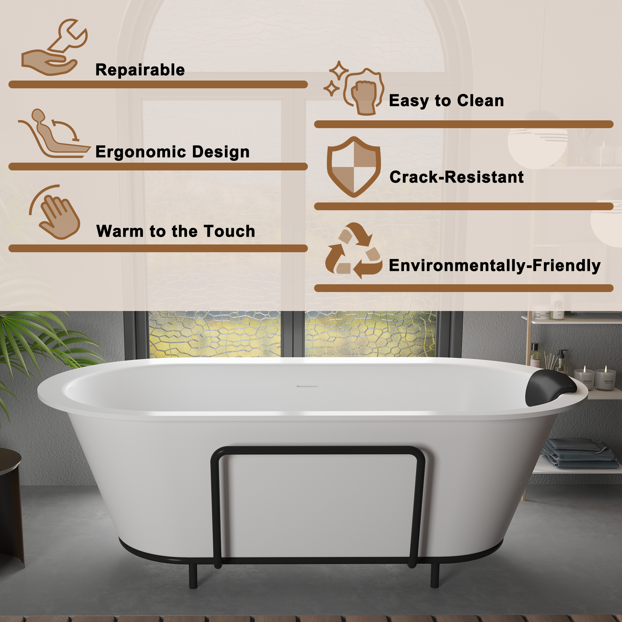 CASAINC 67/71" Matte White Stone Resin Adult Freestanding Soaking Tub with Cushions