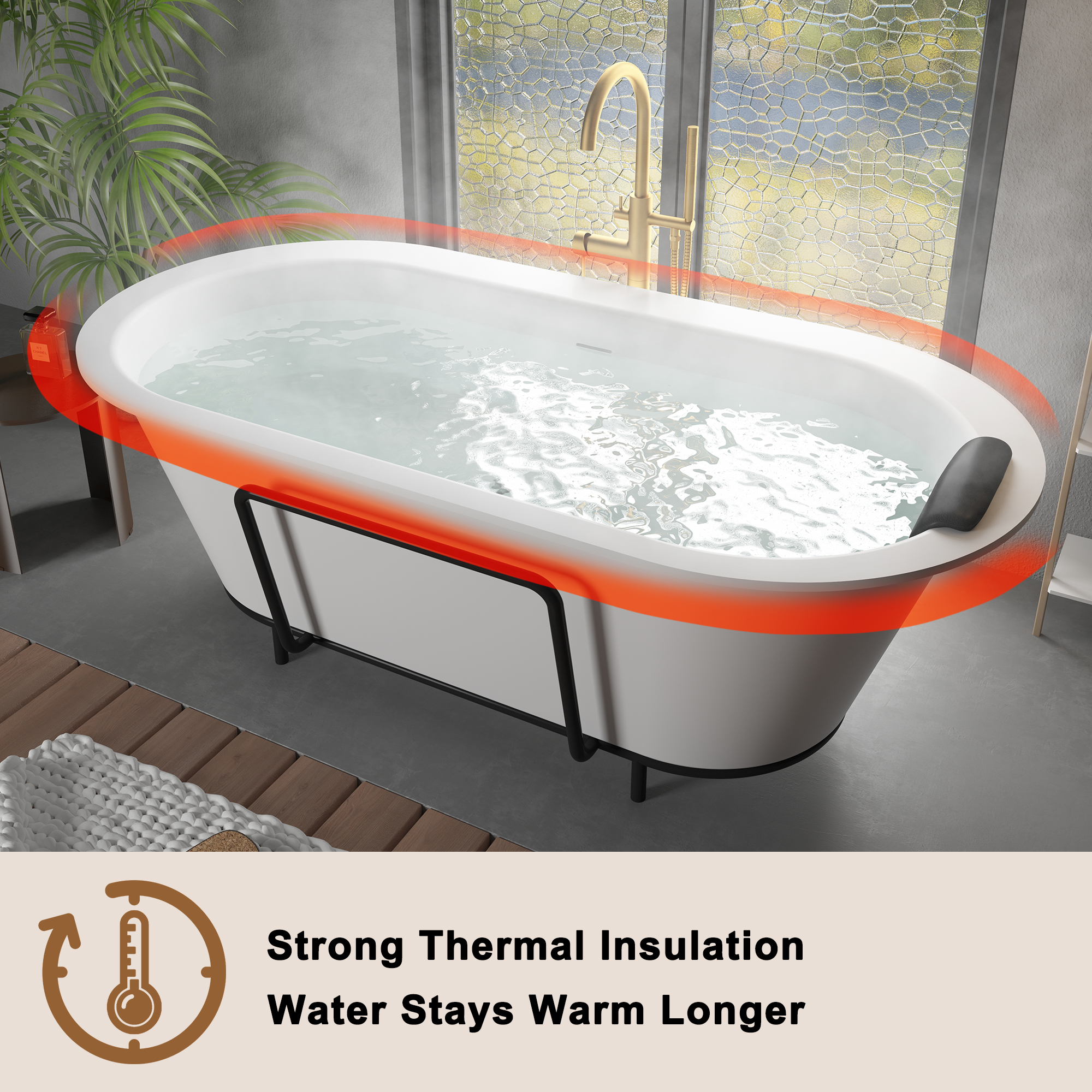 CASAINC 67/71" Matte White Stone Resin Adult Freestanding Soaking Tub with Cushions