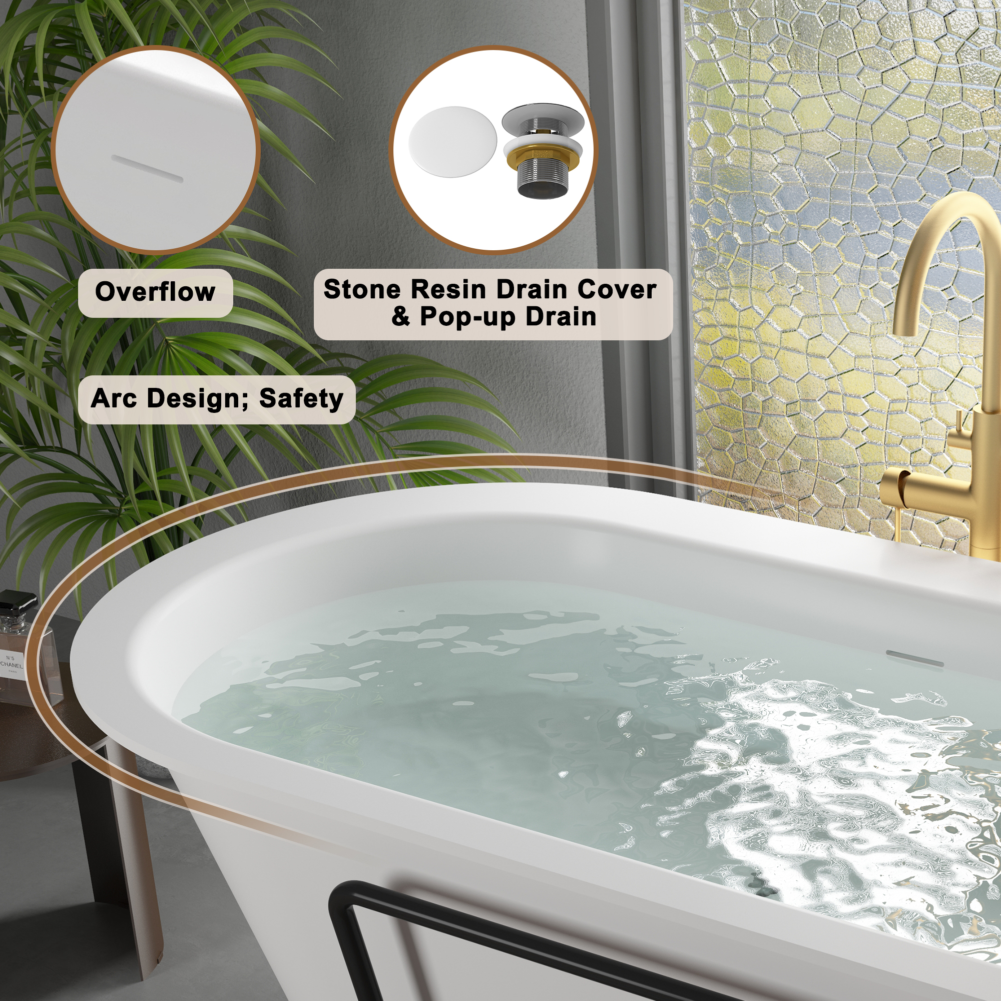 CASAINC 67/71" Matte White Stone Resin Adult Freestanding Soaking Tub with Cushions