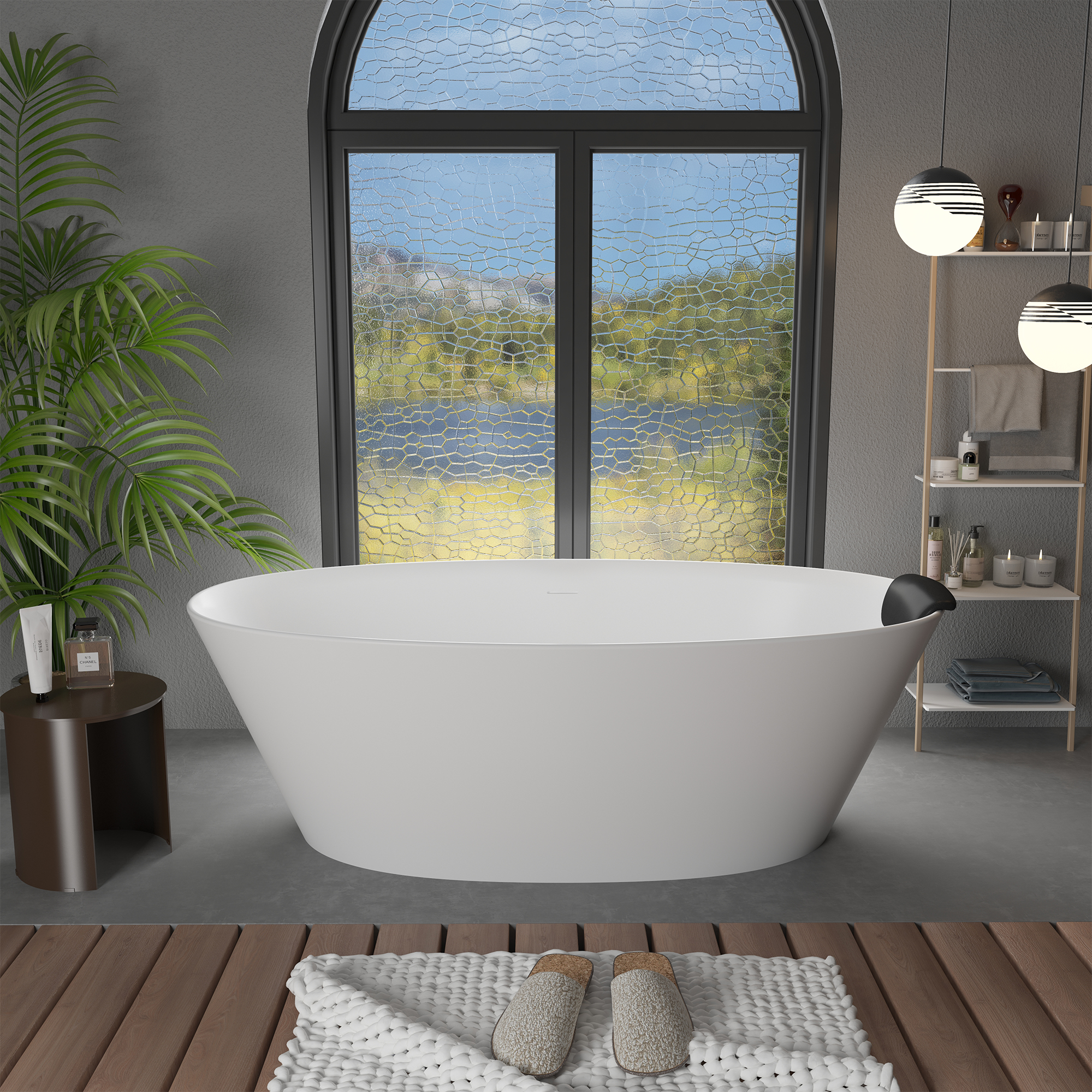 CASAINC 67" Matte White Stone Resin Adult Freestanding Soaking Tub with Cushions