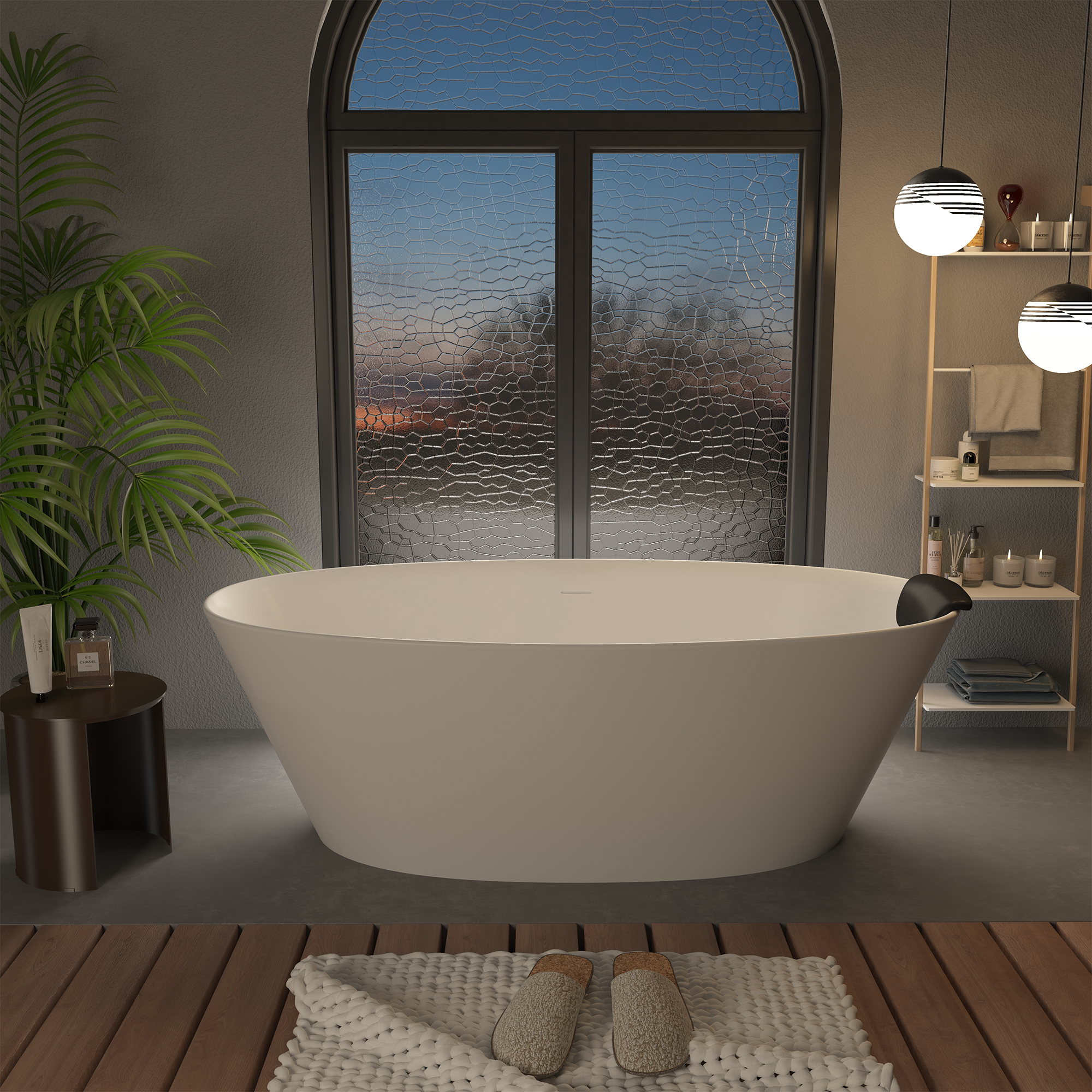 CASAINC 67" Matte White Stone Resin Adult Freestanding Soaking Tub with Cushions