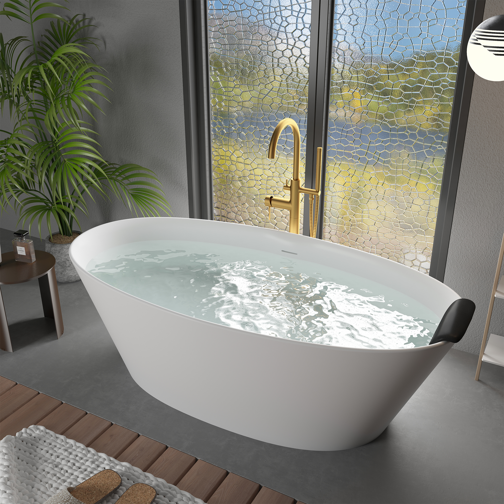 CASAINC 67" Matte White Stone Resin Adult Freestanding Soaking Tub with Cushions