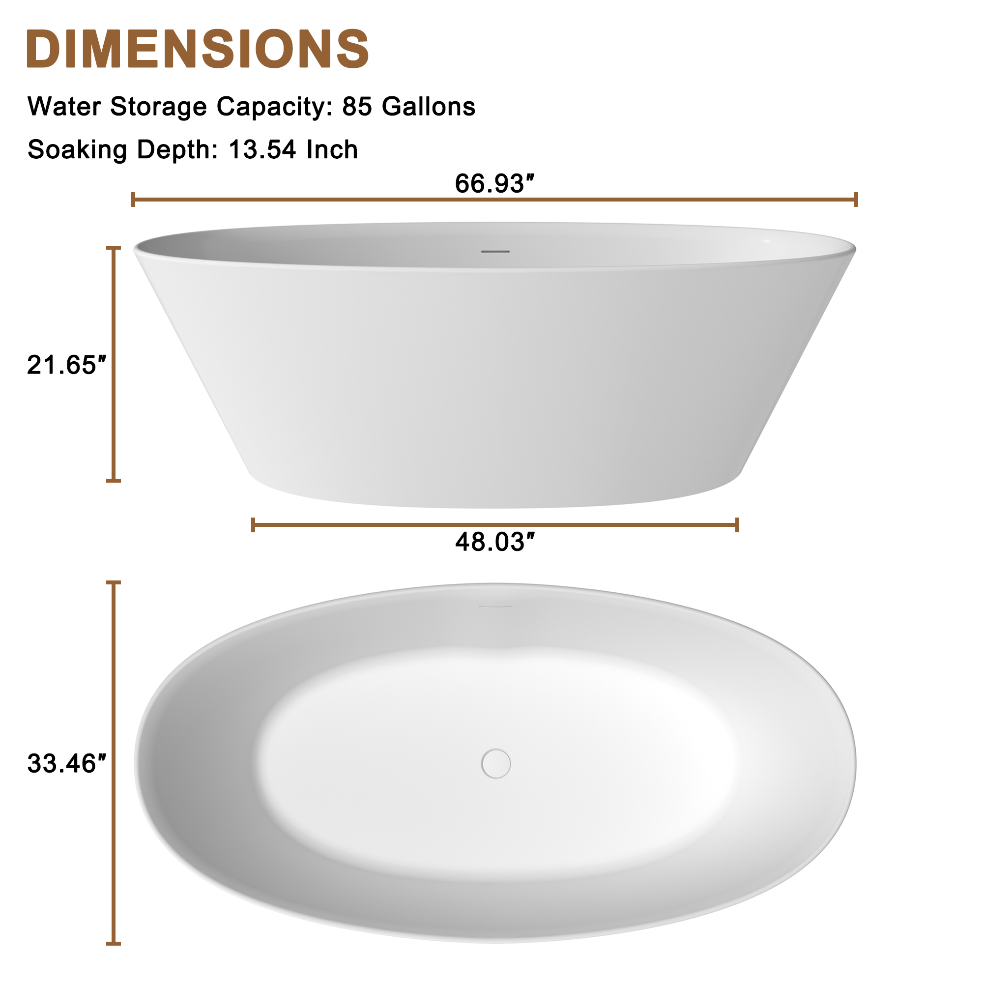CASAINC 67" Matte White Stone Resin Adult Freestanding Soaking Tub with Cushions
