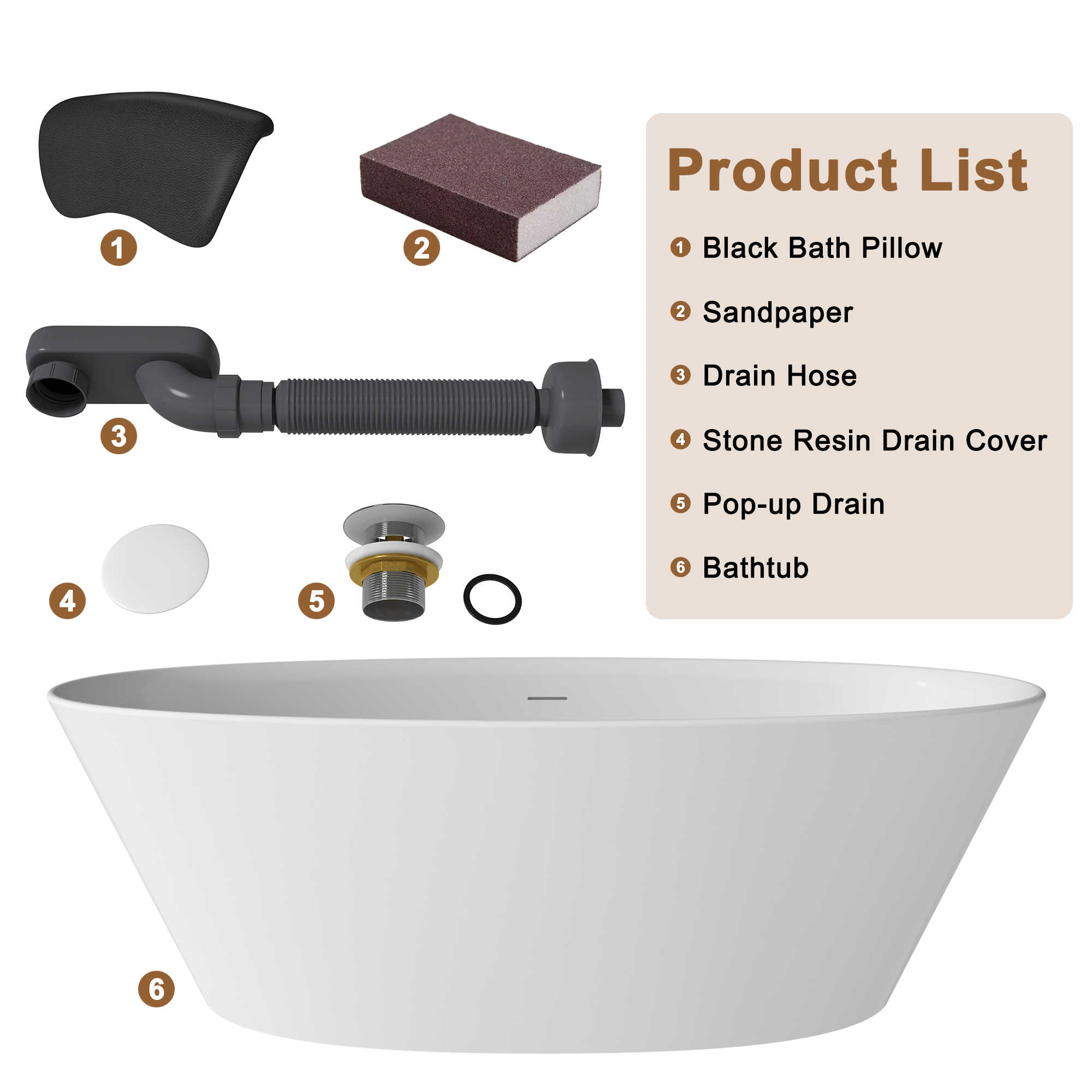 CASAINC 67" Matte White Stone Resin Adult Freestanding Soaking Tub with Cushions