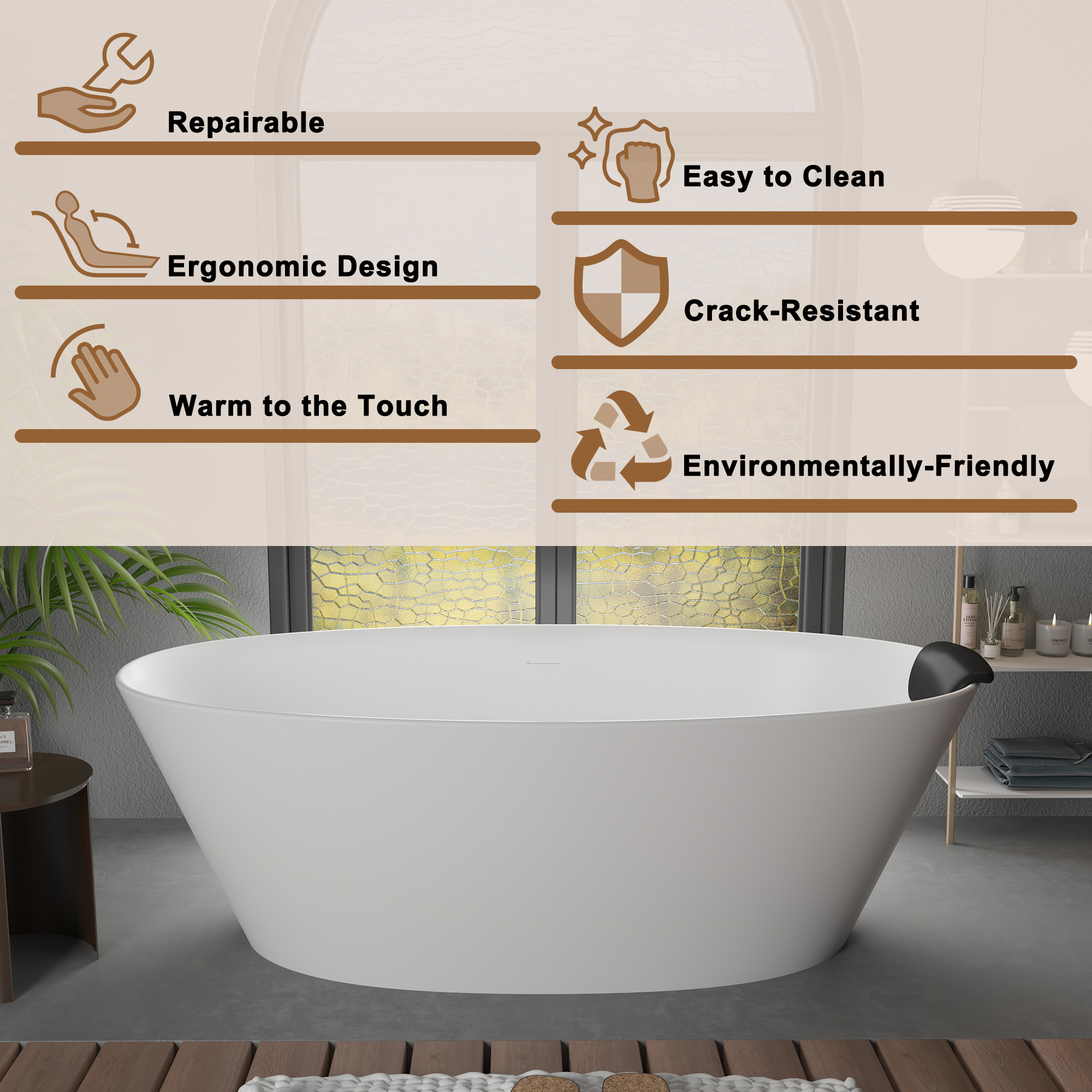 CASAINC 67" Matte White Stone Resin Adult Freestanding Soaking Tub with Cushions