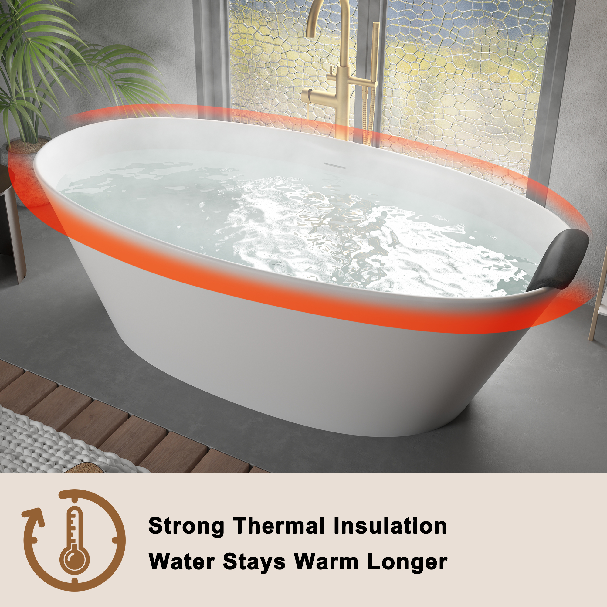 CASAINC 67" Matte White Stone Resin Adult Freestanding Soaking Tub with Cushions