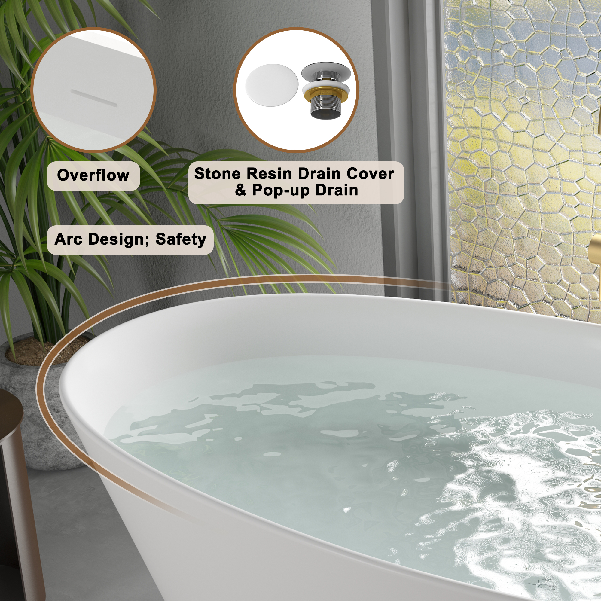 CASAINC 67" Matte White Stone Resin Adult Freestanding Soaking Tub with Cushions